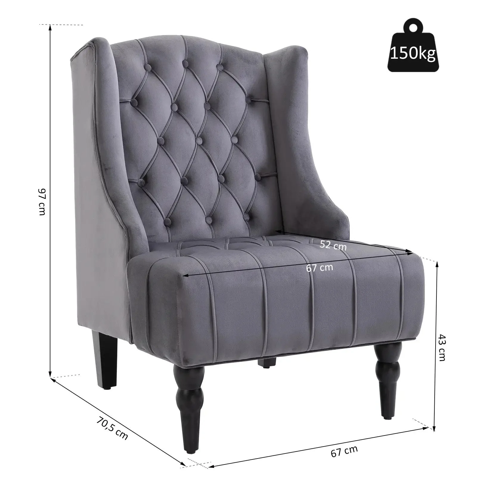Wingback Chair Recliner, Tufting Raised Legs, Grey Velvet - Image 3