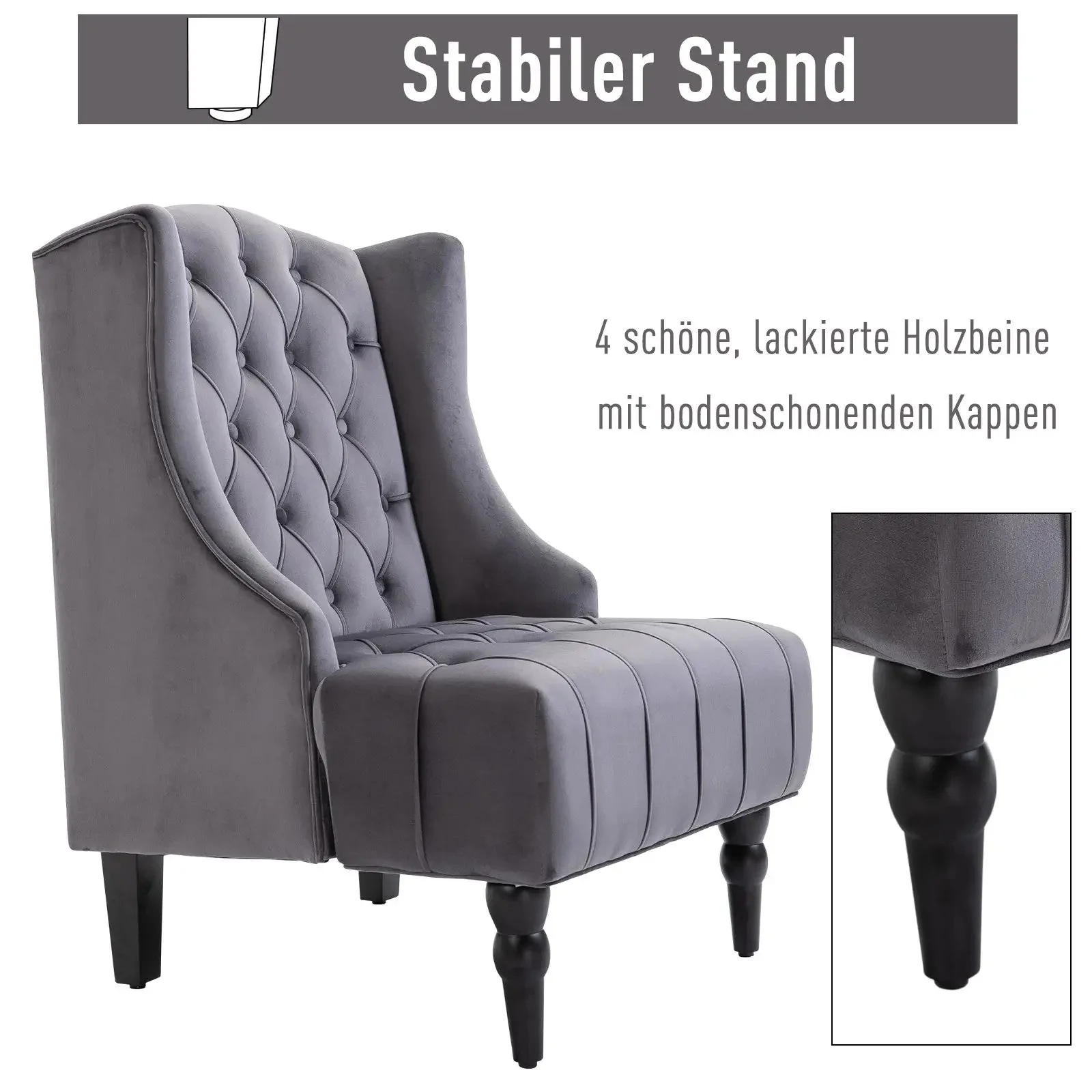 Wingback Chair Recliner, Tufting Raised Legs, Grey Velvet - Image 5