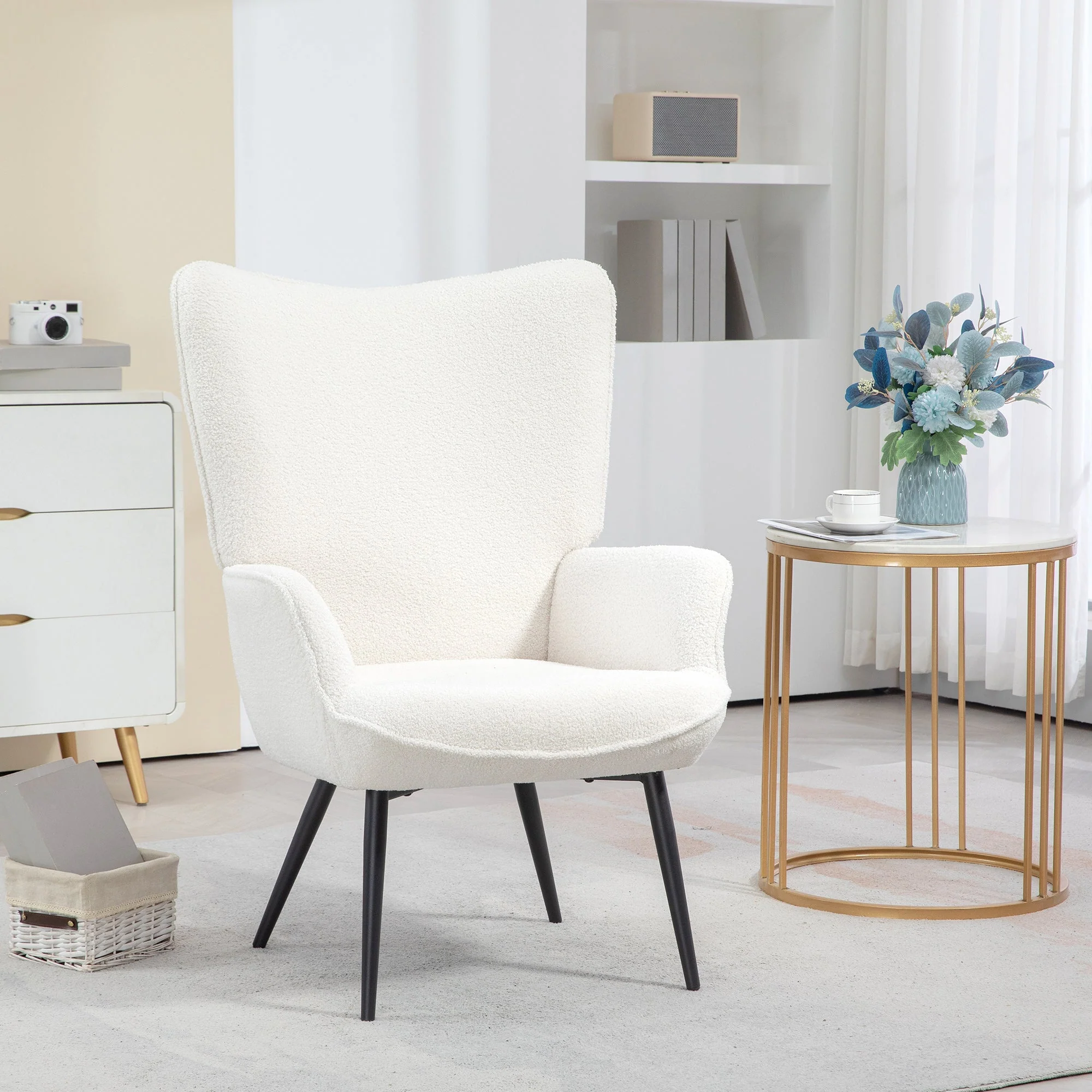 Wingback Chair, Recliner with Armrests and Metal Legs, Cream White - Image 2