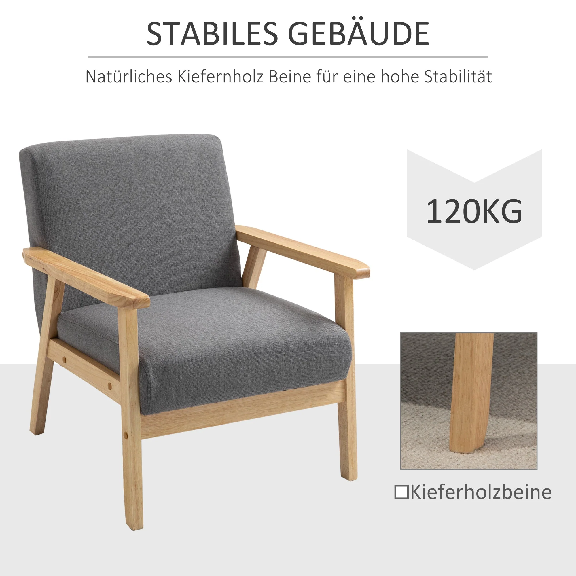 Wingback chair with armrests, upholstered, grey linen look - Image 6