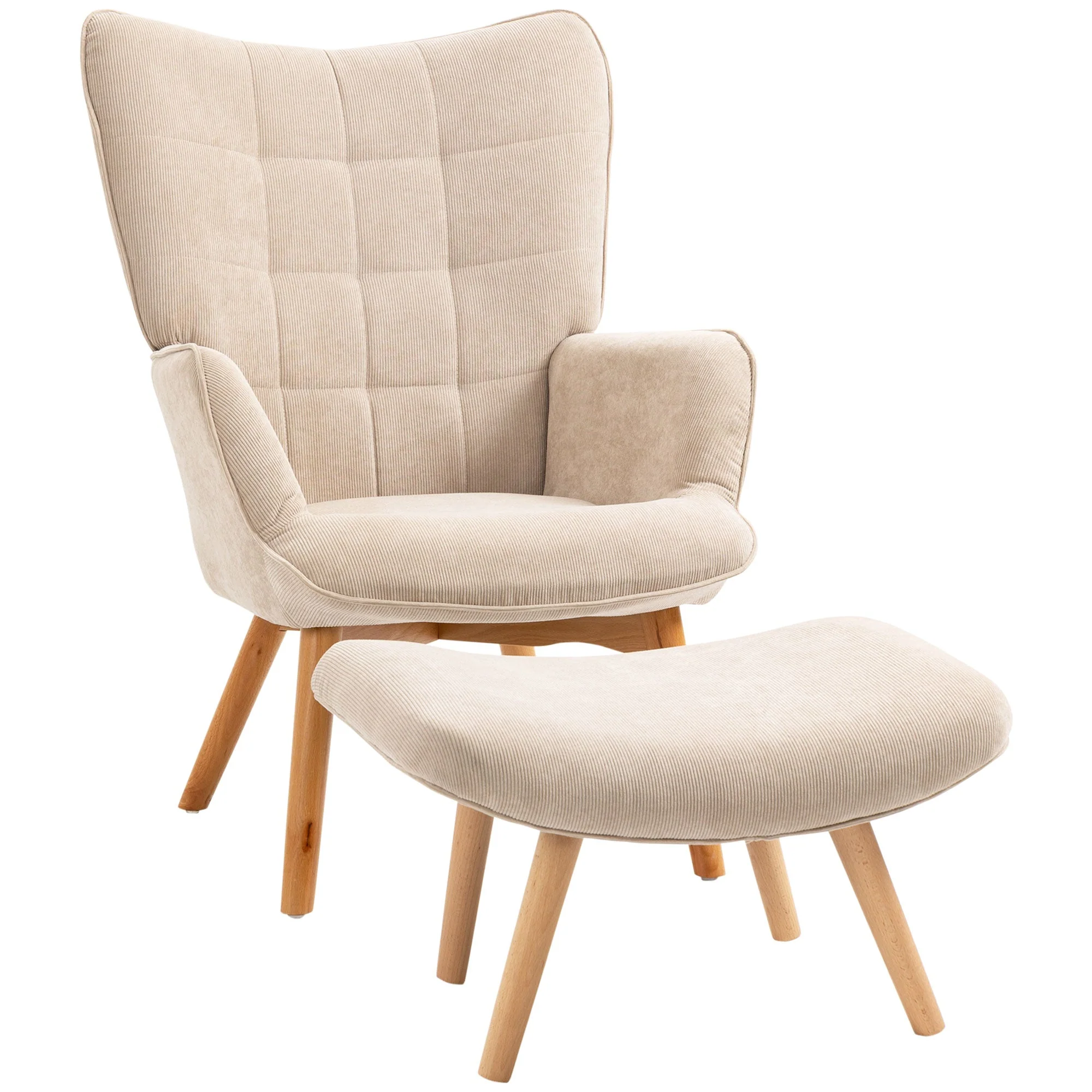 Wingback Chair with Footstool, Upholstered Corduroy, Beige - Image 2