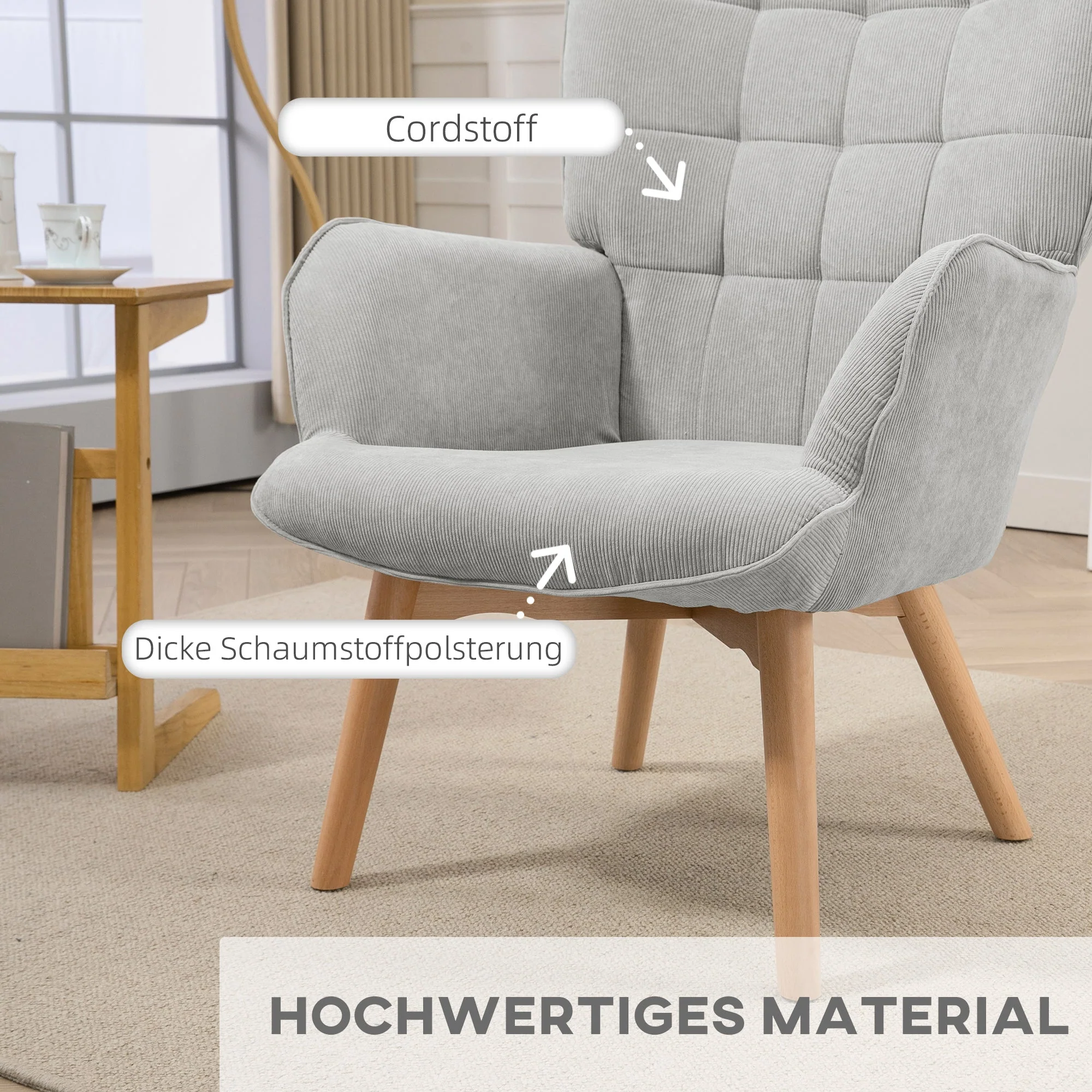 Wingback Chair with Footstool, Upholstered Relaxing Chair, Grey Corduroy - Image 4