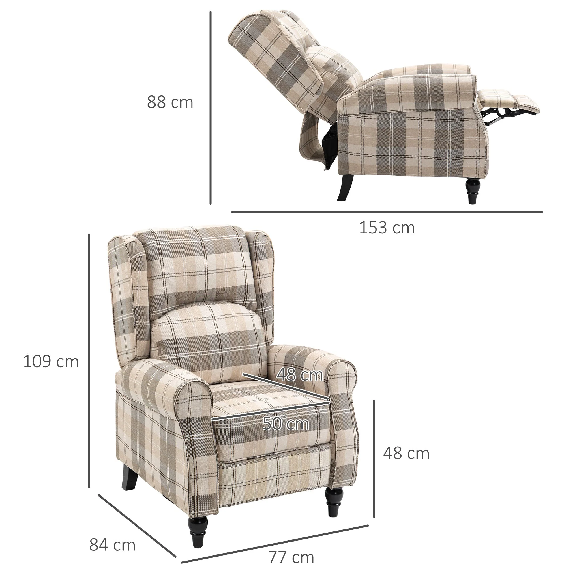 Wingback Recliner Armchair with Footrest, Rubber Wood Legs, Khaki - Image 3