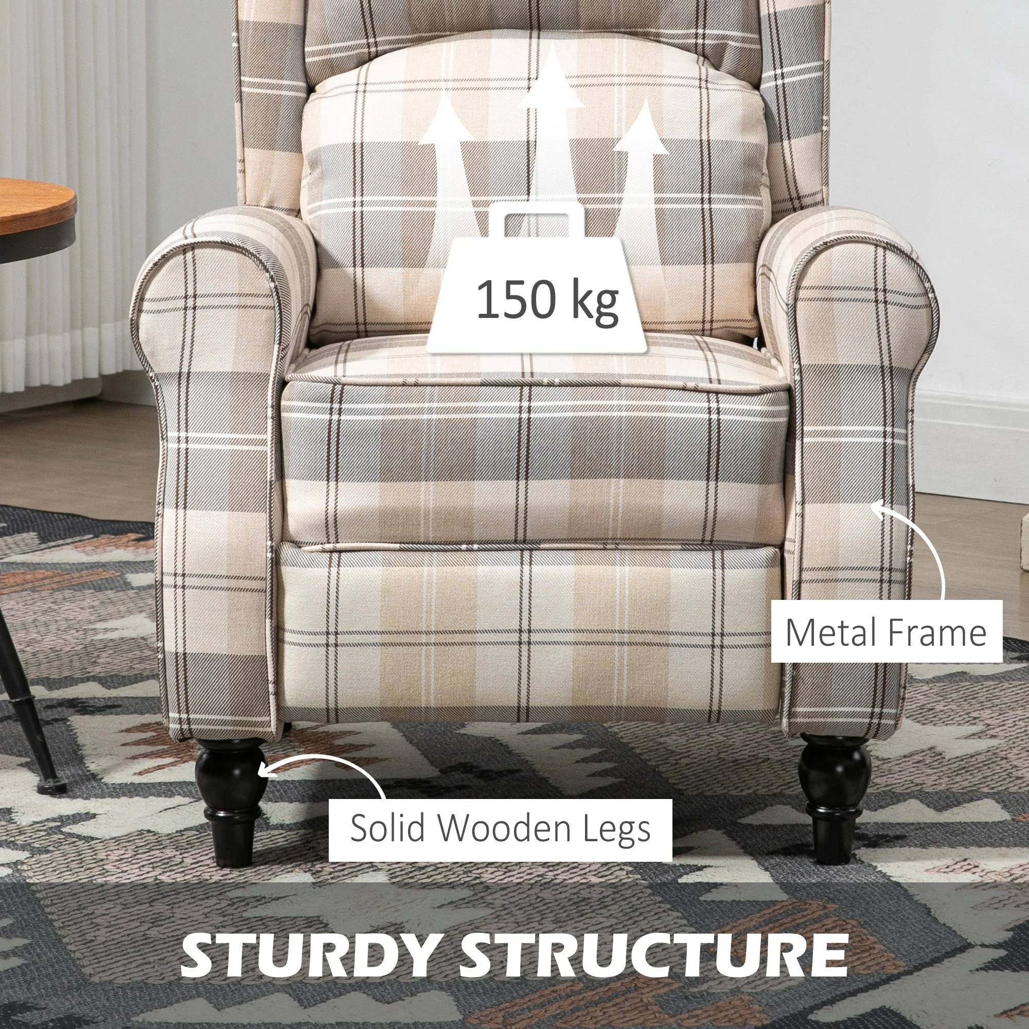 Wingback Recliner Armchair with Footrest, Rubber Wood Legs, Khaki - Image 6