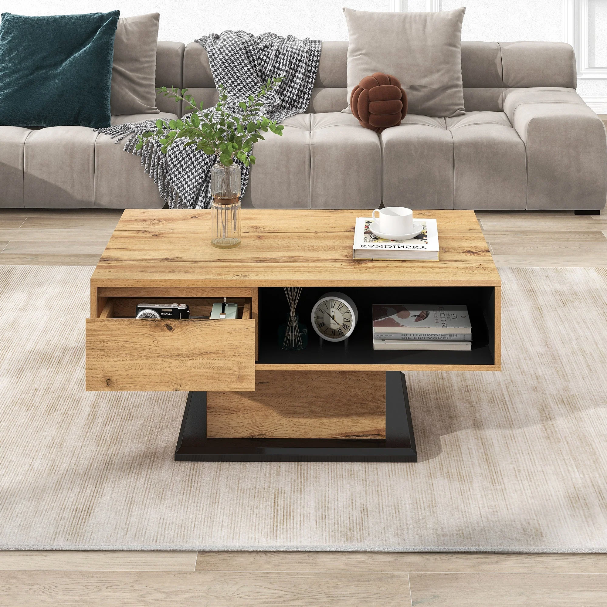 Wood grain coffee table with handleless drawer and double-sided storage - Image 4