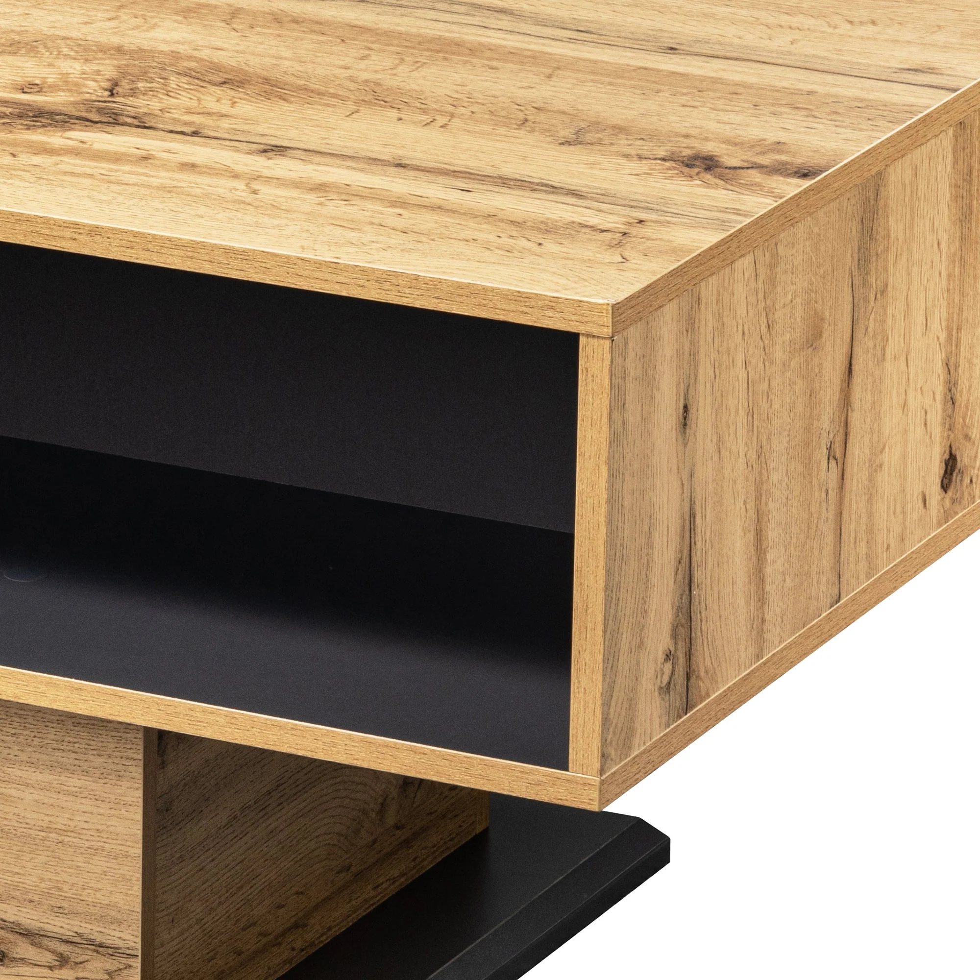 Wood grain coffee table with handleless drawer and double-sided storage - Image 5