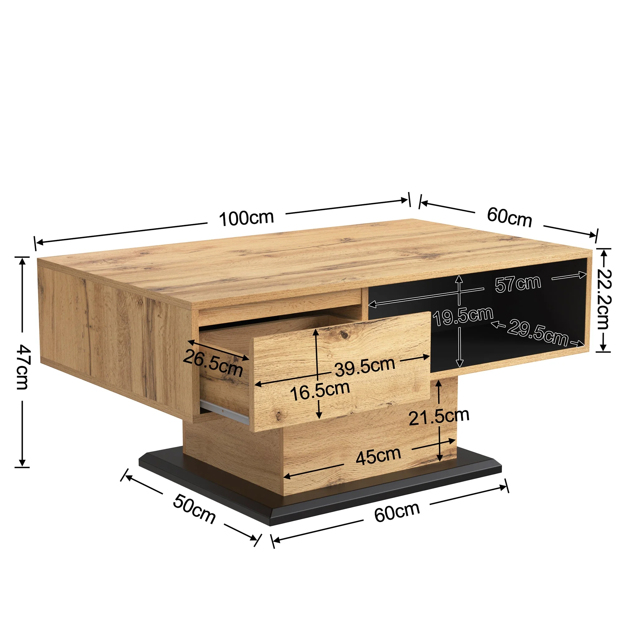 Wood grain coffee table with handleless drawer and double-sided storage - Image 6
