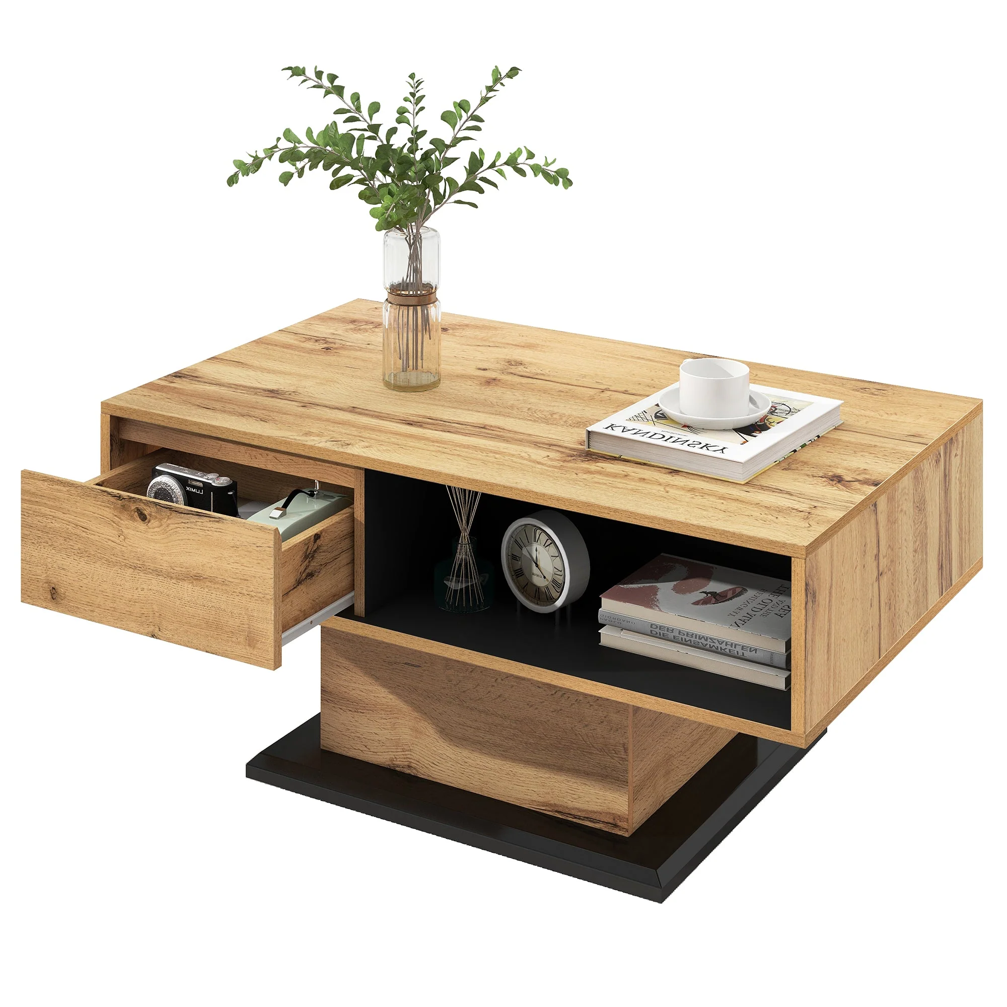 Wood grain coffee table with handleless drawer and double-sided storage - Image 8