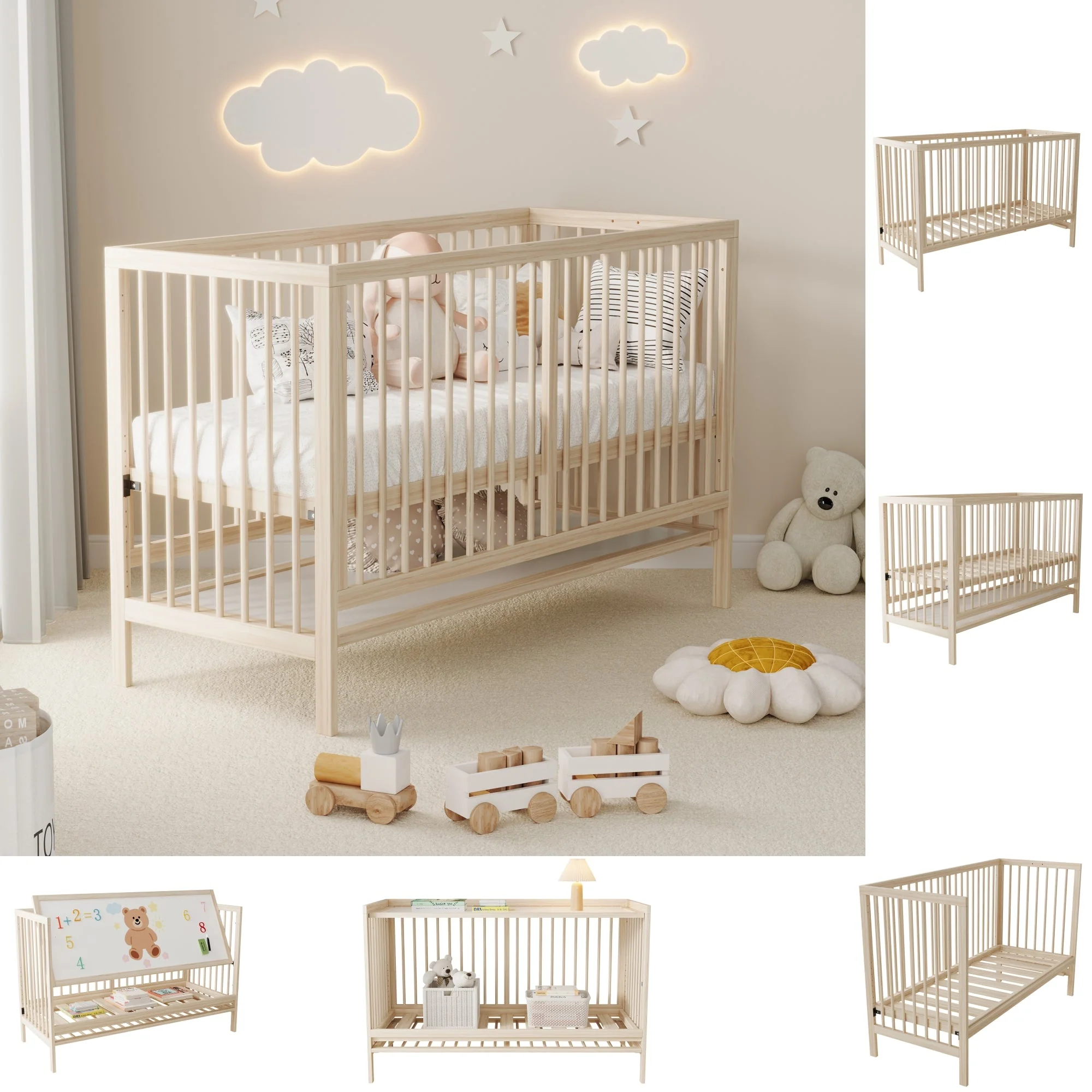 Wooden Baby Bed, Multifunctional Convertible Side Bed/Desk, Spruce, Natural Color - Image 2