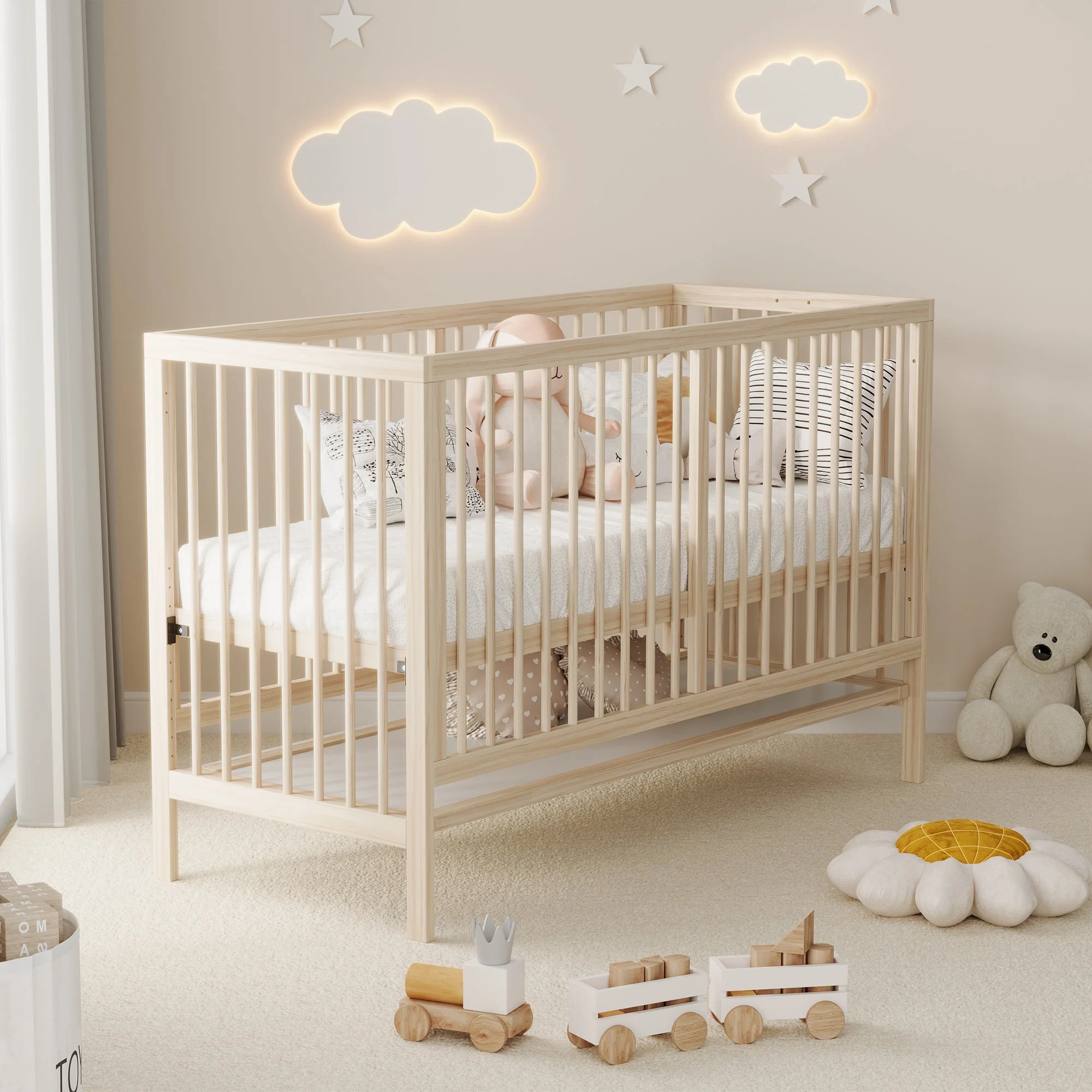 Wooden Baby Bed, Multifunctional Convertible Side Bed/Desk, Spruce, Natural Color - Image 4