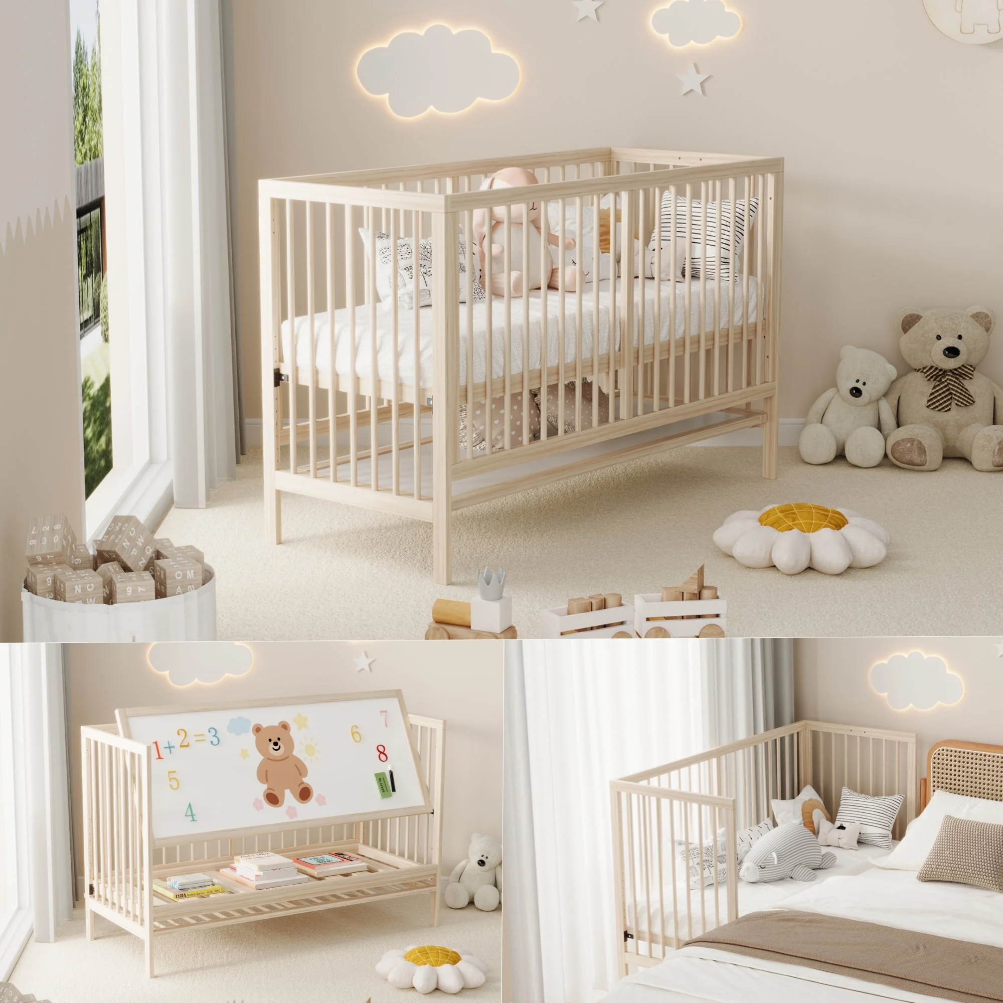 Wooden Baby Bed, Multifunctional Convertible Side Bed/Desk, Spruce, Natural Color - Image 5