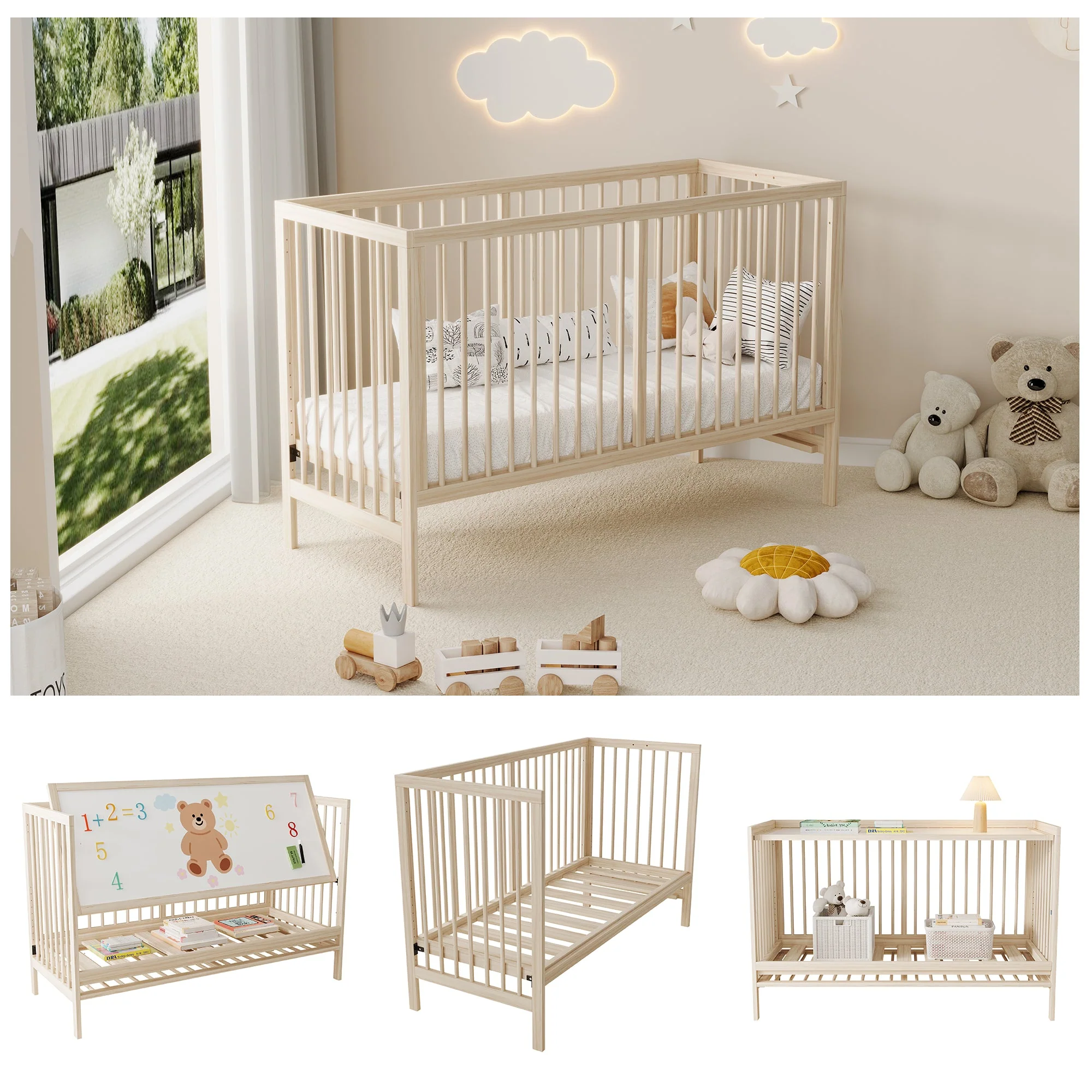 Wooden Baby Bed, Multifunctional Convertible Side Bed/Desk, Spruce, Natural Color - Image 9