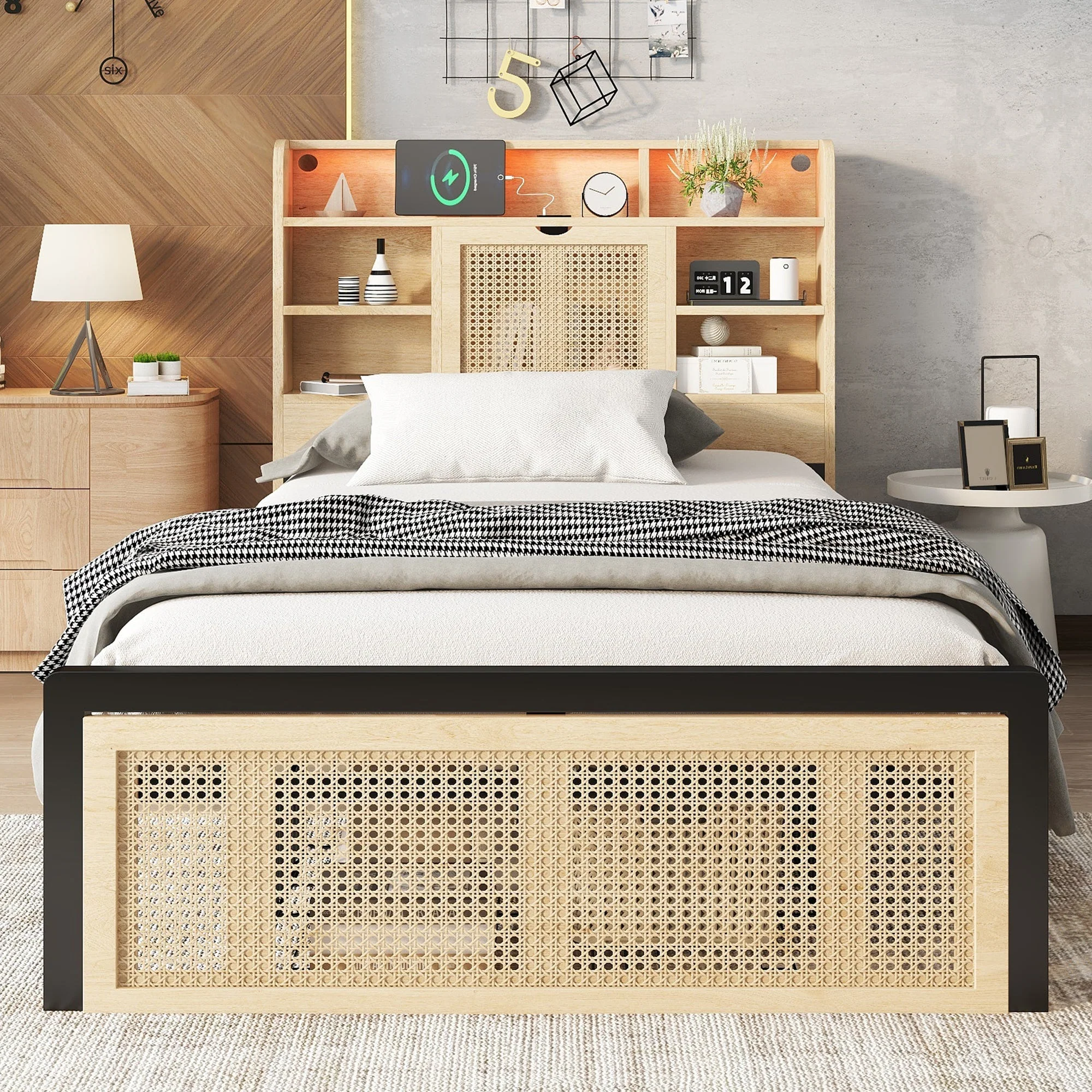 Wooden Bed, 3ft Single, LED Light, Charging Port & Storage, Wood Colour - Image 4
