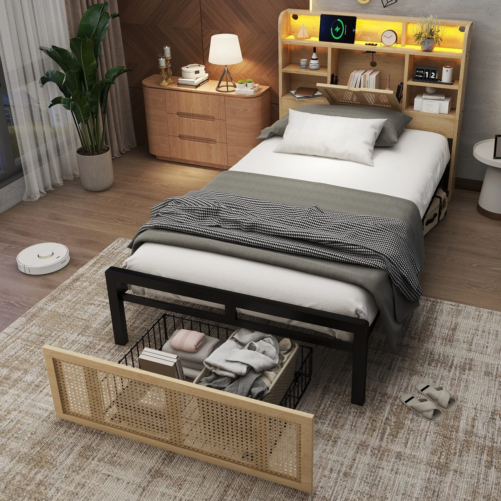 Wooden Bed, 3ft Single, LED Light, Charging Port & Storage, Wood Colour - Image 6