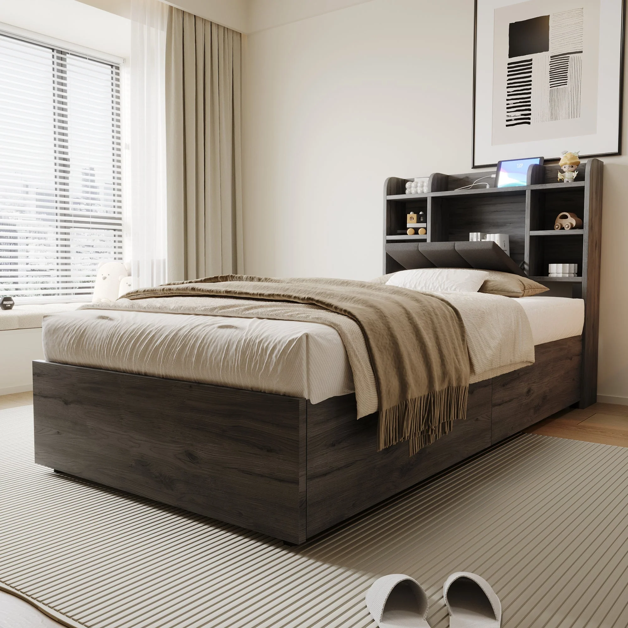 Wooden Bed, 90x200 cm Hydraulic with Storage & USB/Type-C, Grey - Image 3