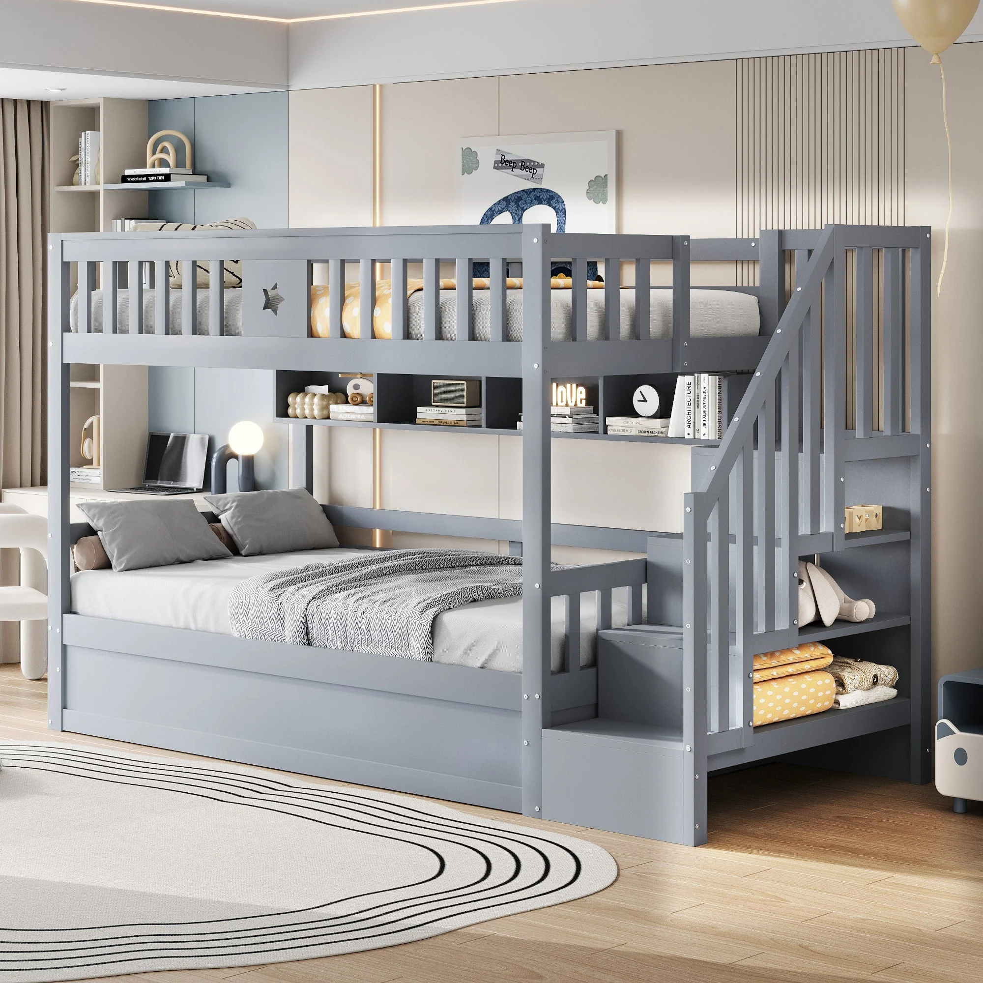 Wooden Bed 90x200cm Hydraulic Storage Stairs Shelves Loft Bunk Youth Bed, Grey - Image 2