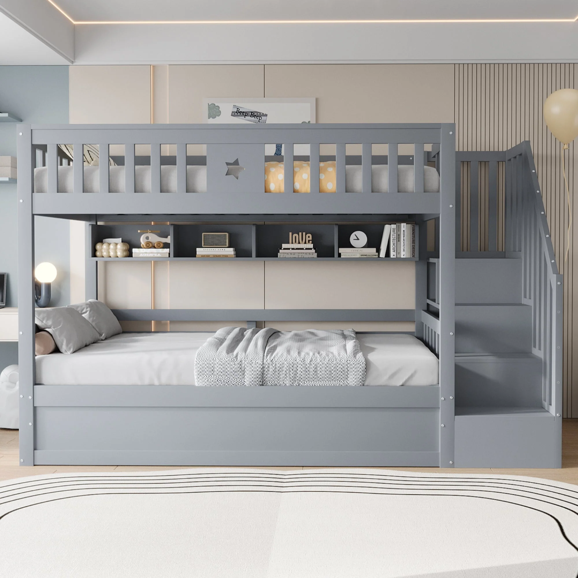 Wooden Bed 90x200cm Hydraulic Storage Stairs Shelves Loft Bunk Youth Bed, Grey - Image 3