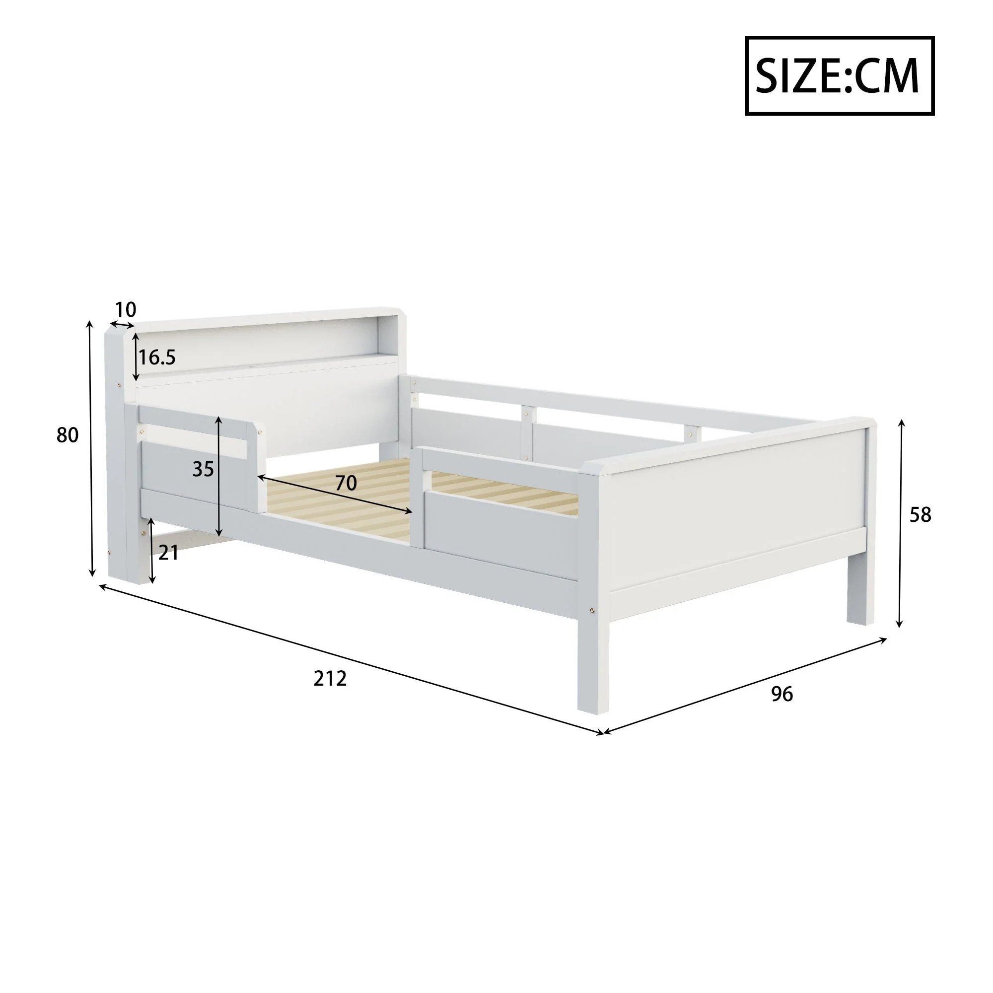 Wooden Bed, 90x200cm Multifunctional with USB & LED, Pinewood White - Image 5