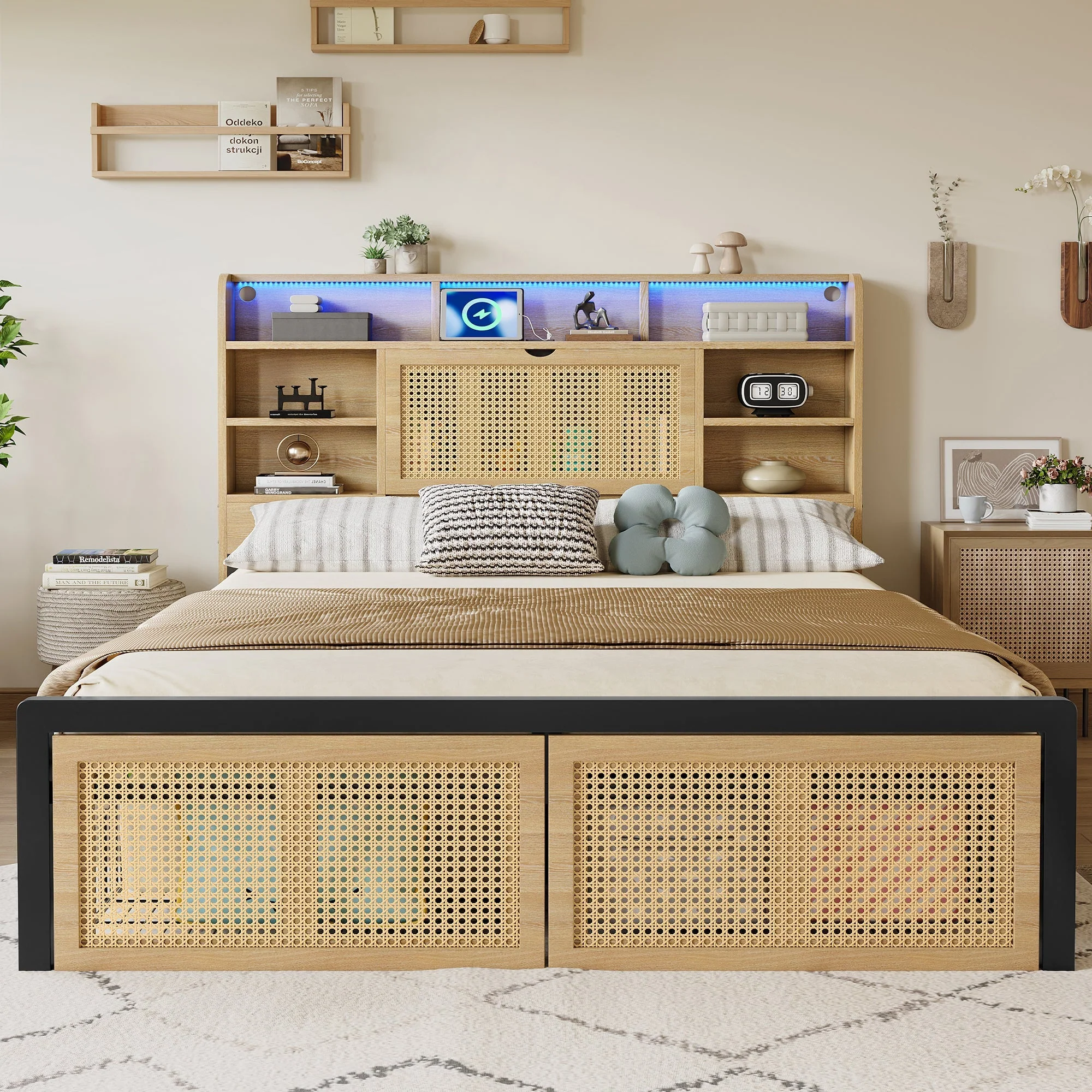 Wooden Bed, Charging Port, LED Strip Light, 4ft6 Double, Wood Colour - Image 2