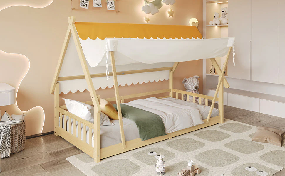 Wooden Bed, Children's Single with Removable Tent & Safety Railing, Pine + Plywood, Natural - Image 9