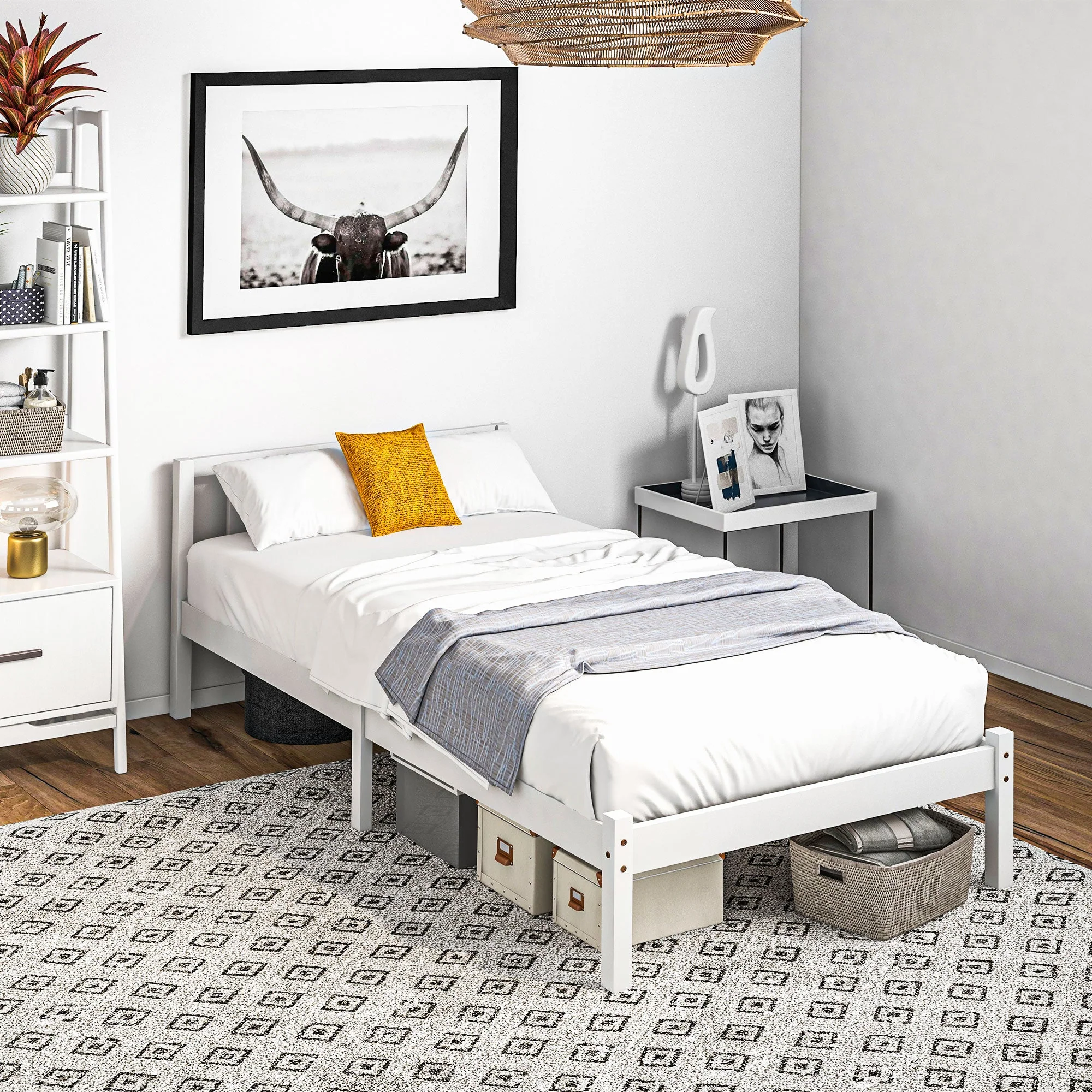Wooden Bed Frame 208x96cm Slatted Base Headboard, White - Image 2