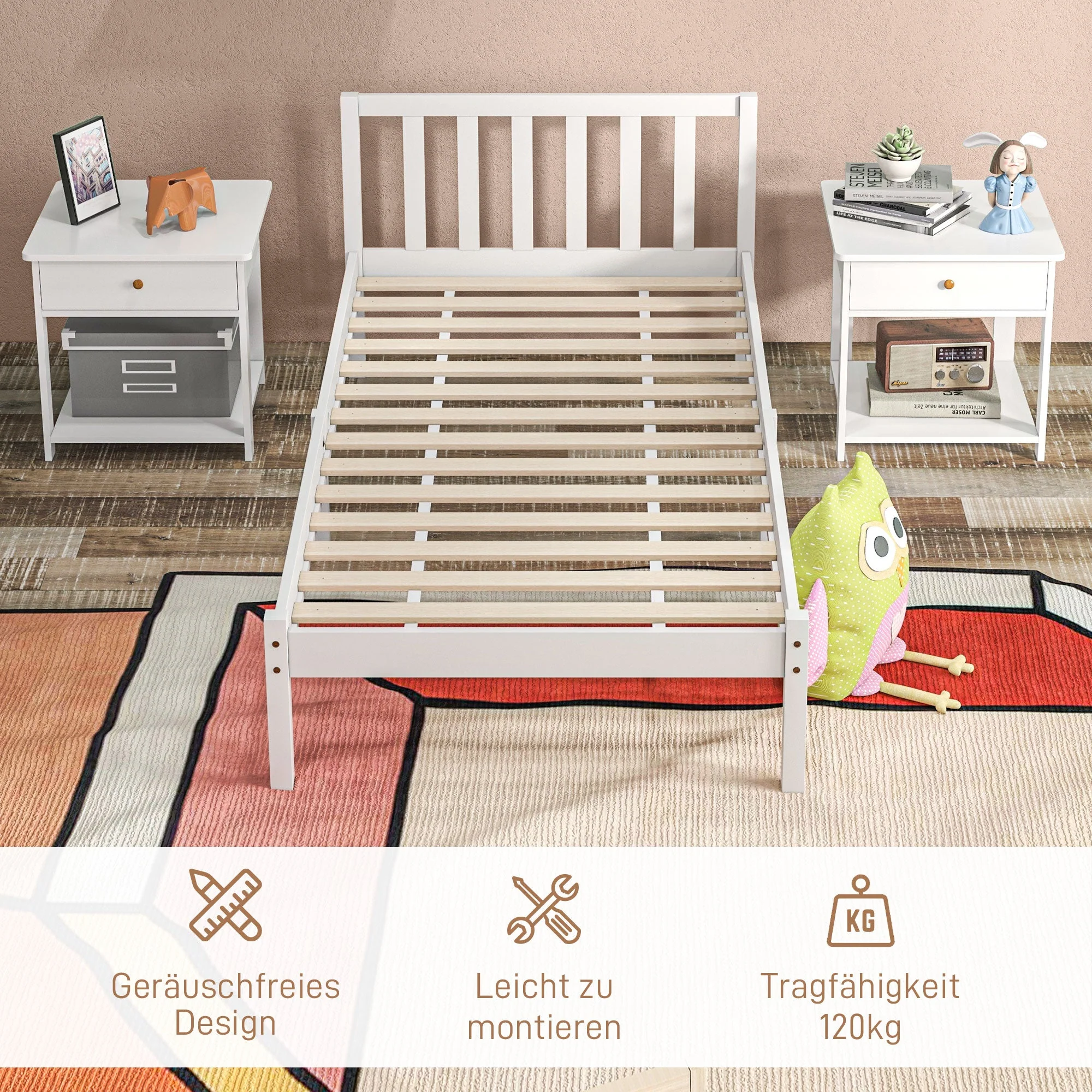 Wooden Bed Frame 208x96cm Slatted Base Headboard, White - Image 5