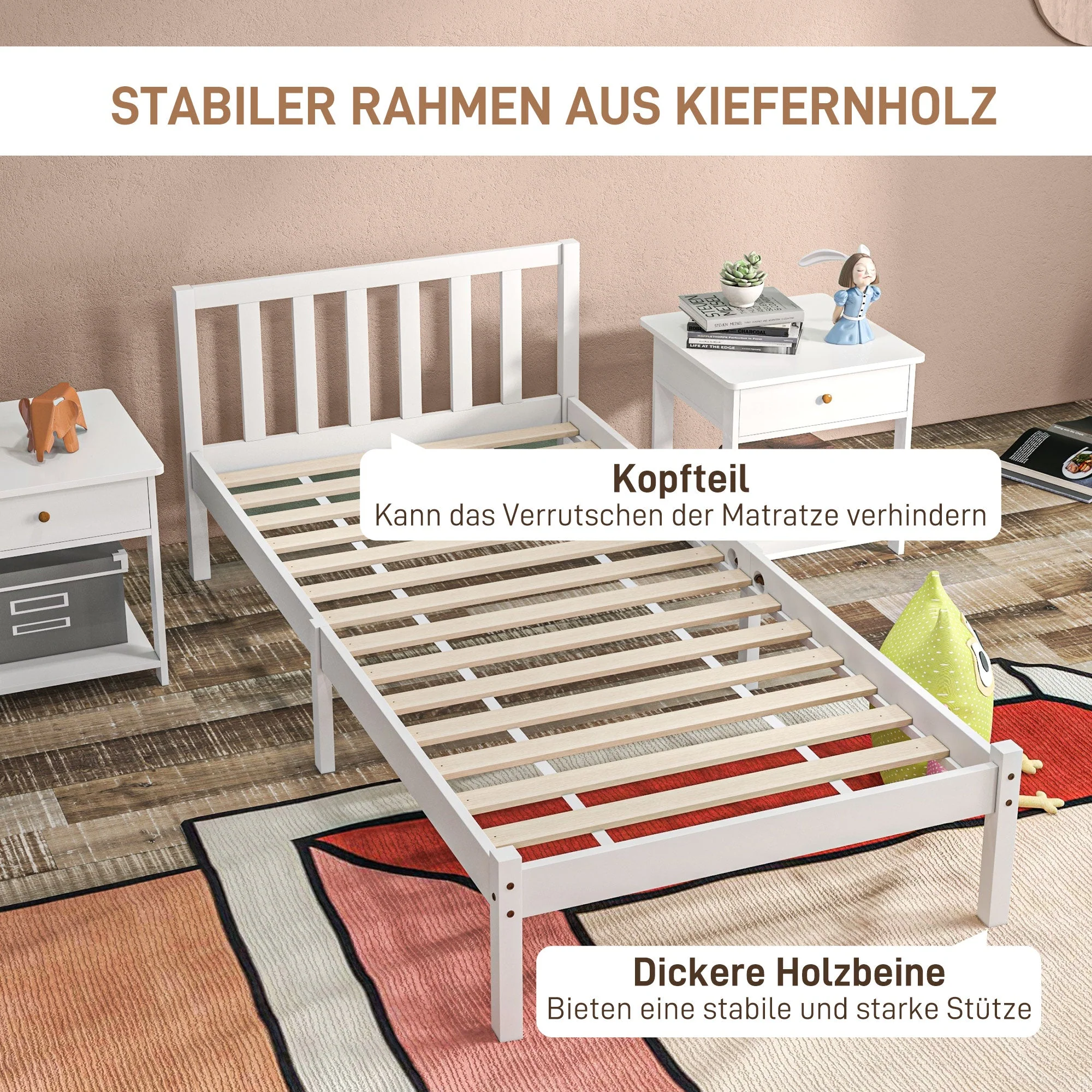 Wooden Bed Frame 208x96cm Slatted Base Headboard, White - Image 6