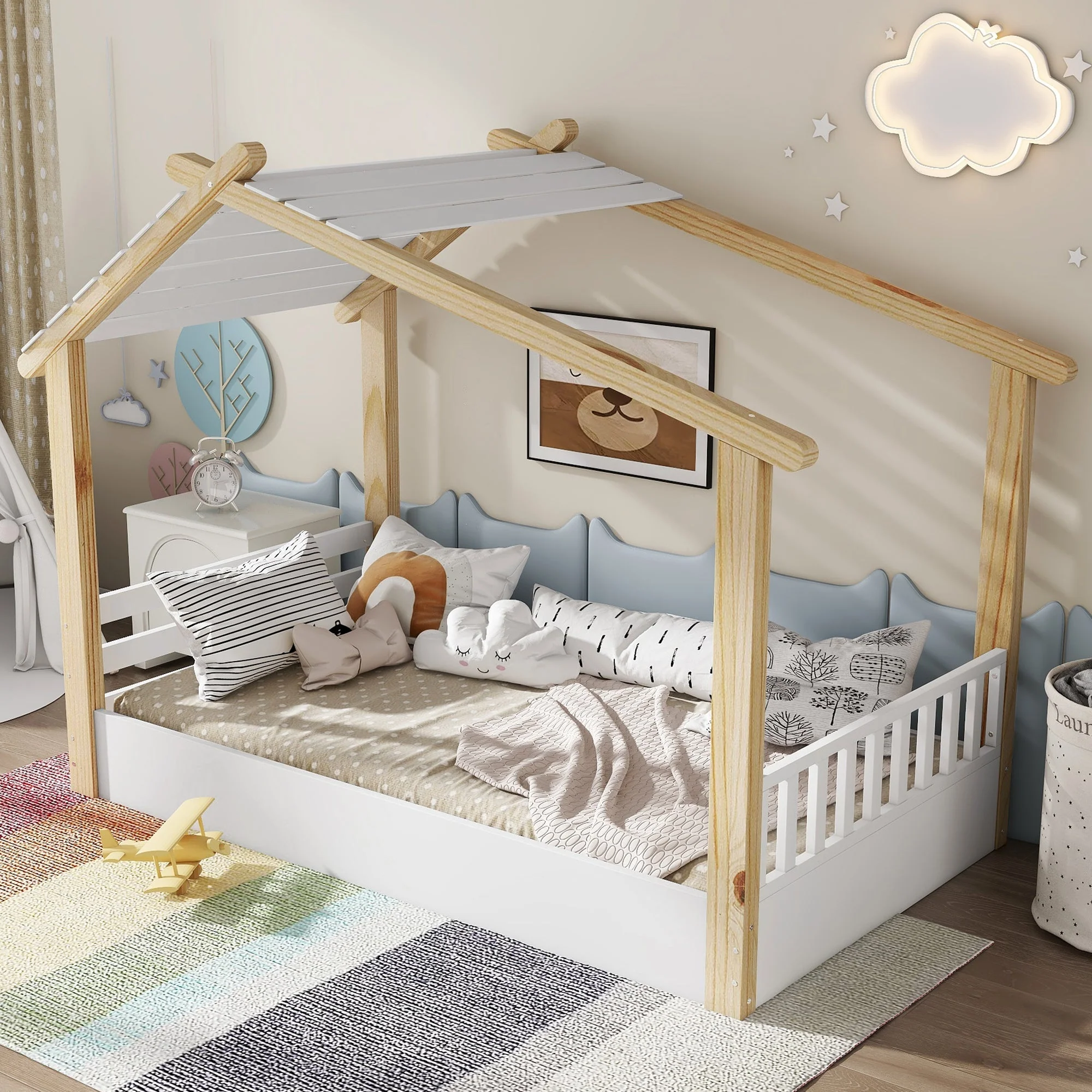 Wooden Bed, House Design Single, Pine + Chipboard + MDF, White + Natural - Image 4