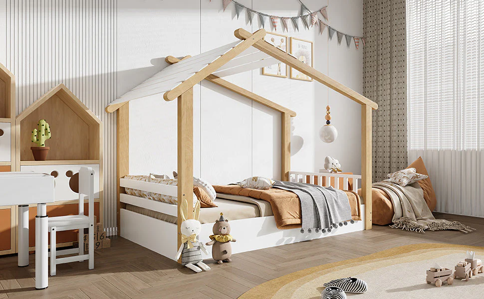 Wooden Bed, House Design Single with Slatted Frame, Pine & MDF White & Natural - Image 10