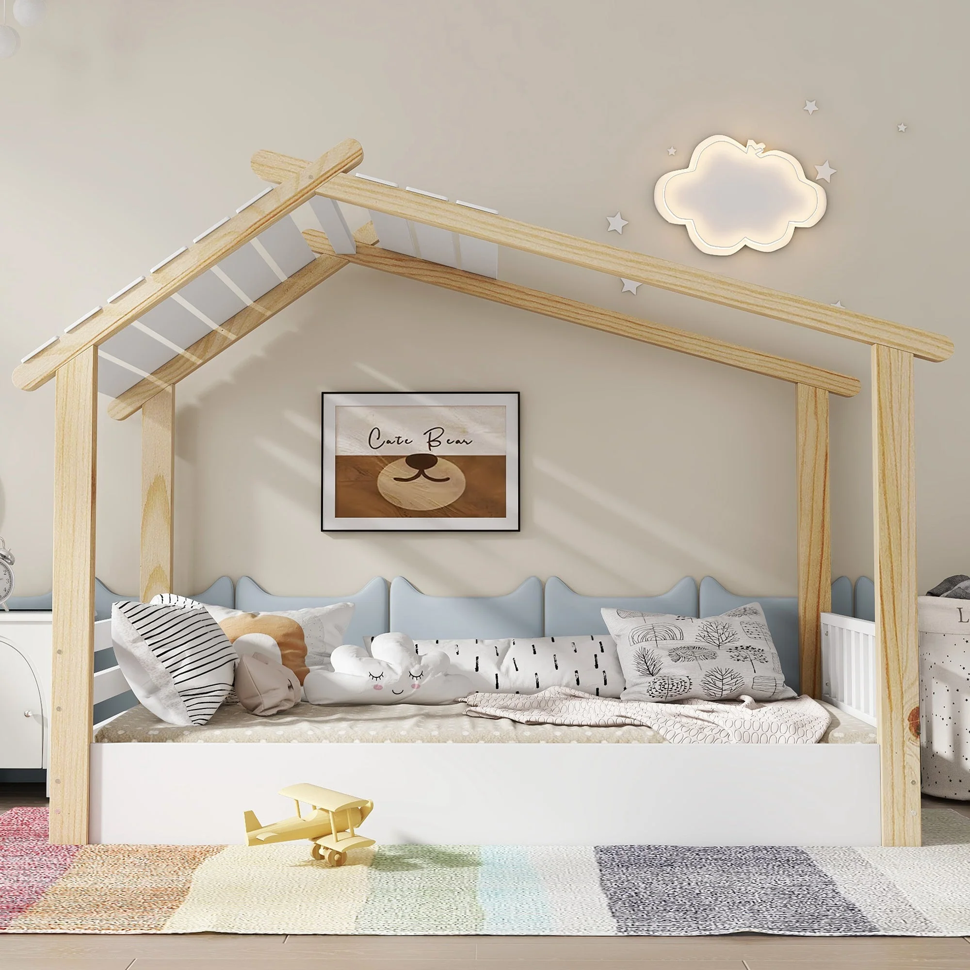 Wooden Bed, House Design Single with Slatted Frame, Pine & MDF White & Natural - Image 5