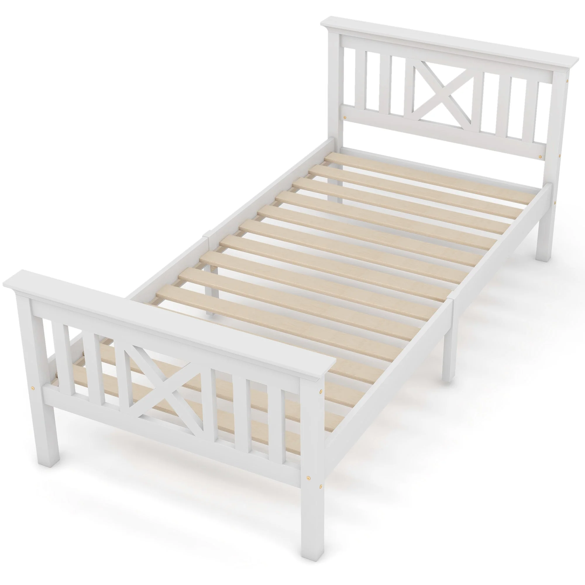 Wooden Bed Single, Bed Frame with Slatted Frame and Headboard, 90 x 200 cm, Solid Pine White - Image 3
