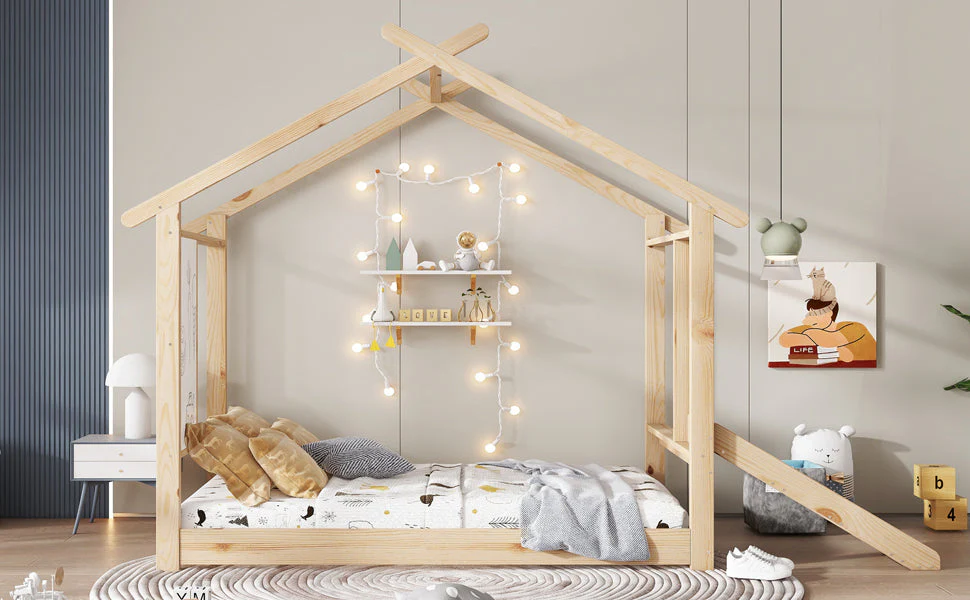 Wooden Bed, Single with Slide, Roof Design & Whiteboard, Pine + MDF + Plywood - Image 8