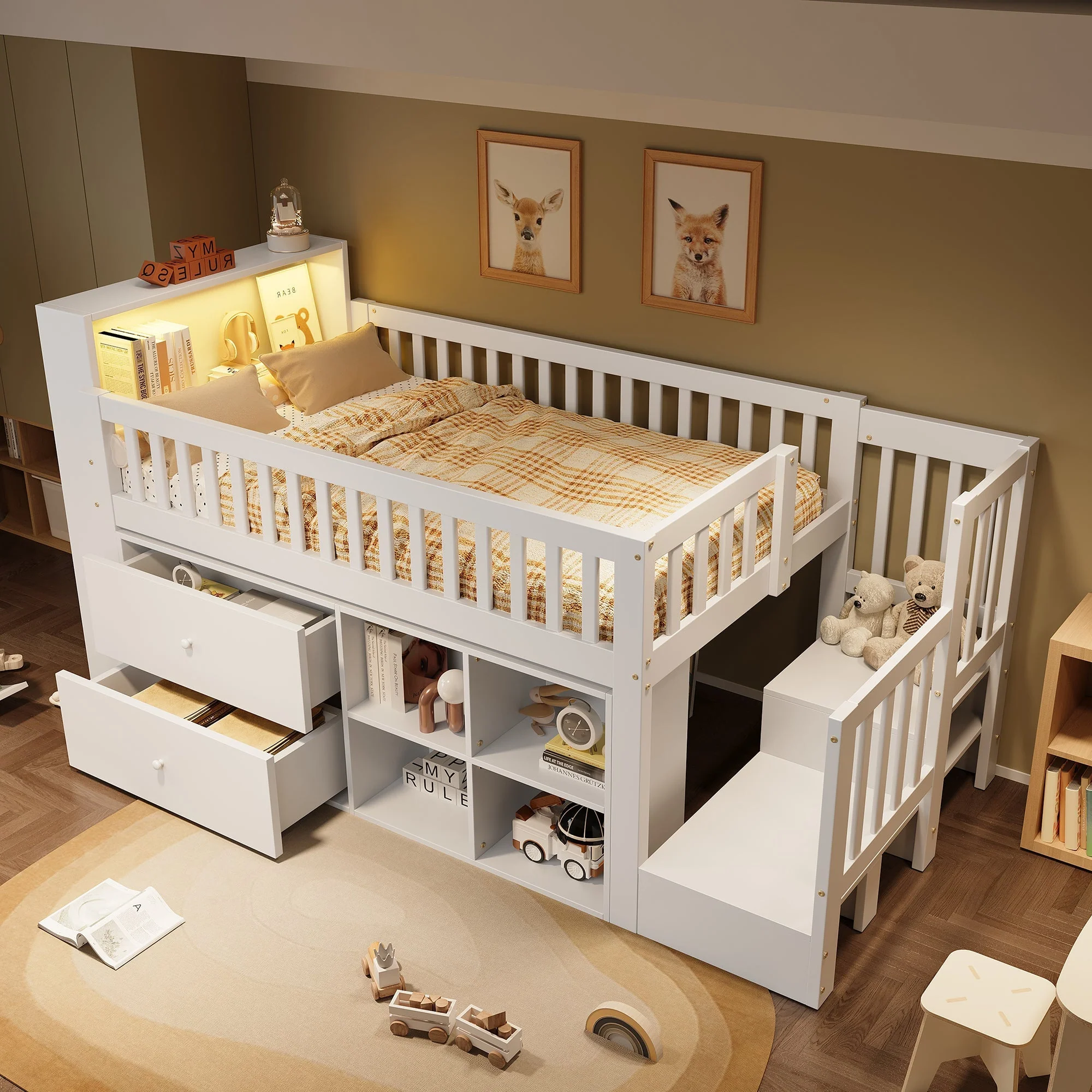 Wooden Bed Storage Bed, 3ft Single with LED Lights and Drawers, White Pine+MDF+Plywood - Image 5