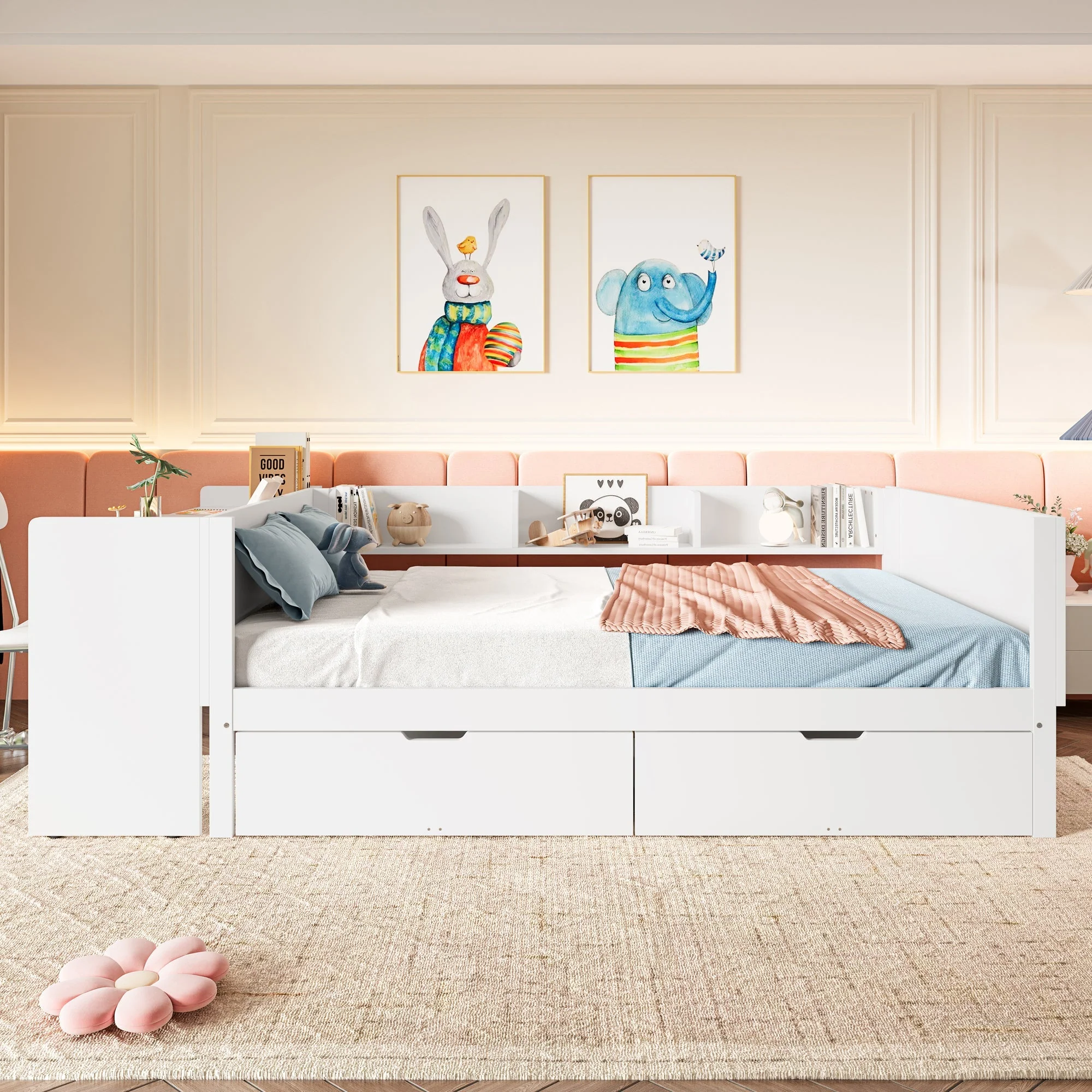Wooden Bed with Desk and Storage Drawers, 140x200cm, Pine and White - Image 3