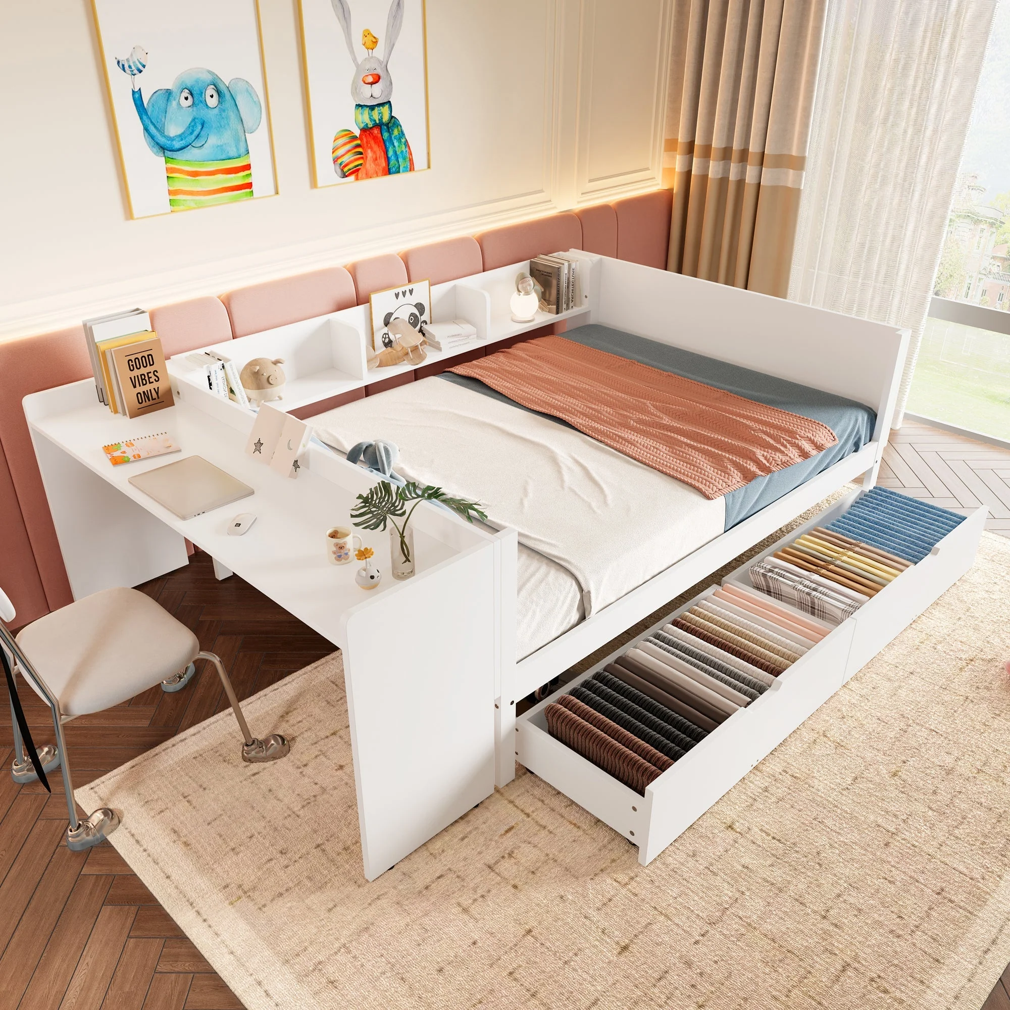 Wooden Bed with Desk and Storage Drawers, 140x200cm, Pine and White - Image 4