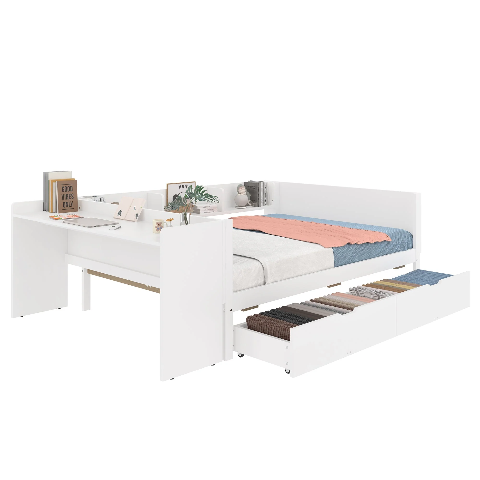 Wooden Bed with Desk and Storage Drawers, 140x200cm, Pine and White - Image 5