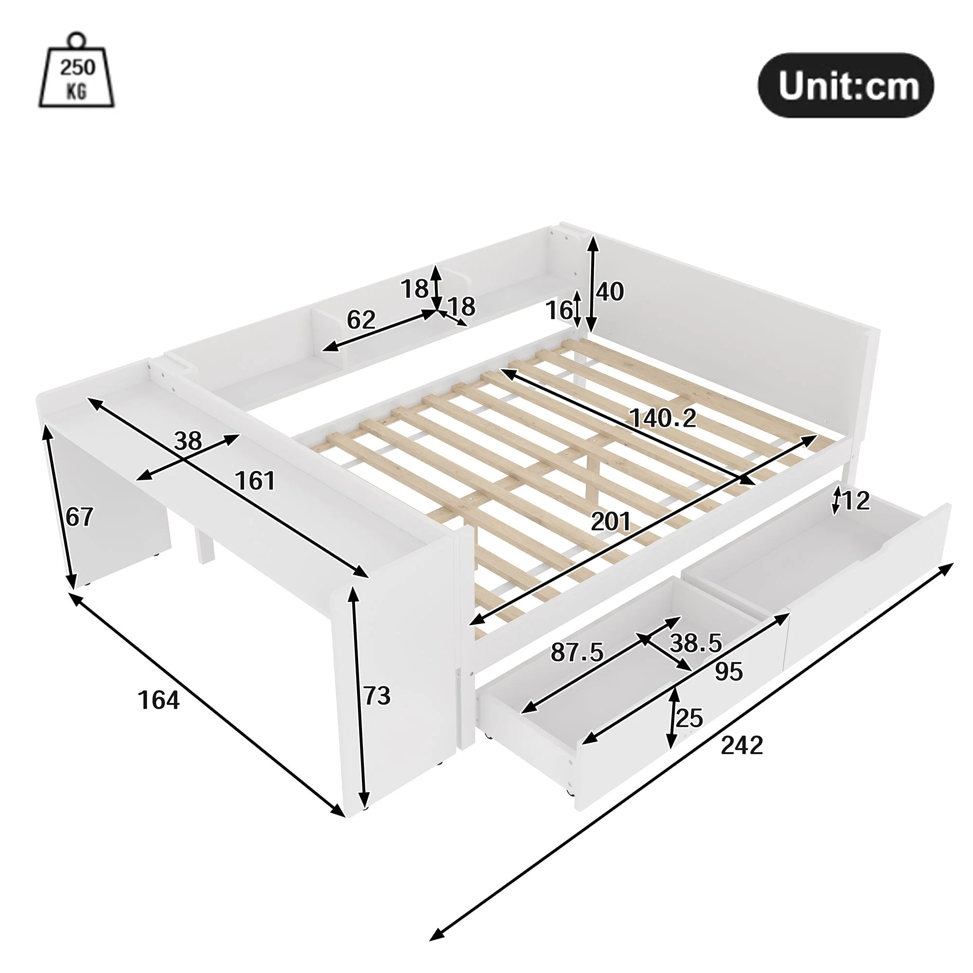 Wooden Bed with Desk and Storage Drawers, 140x200cm, Pine and White - Image 7