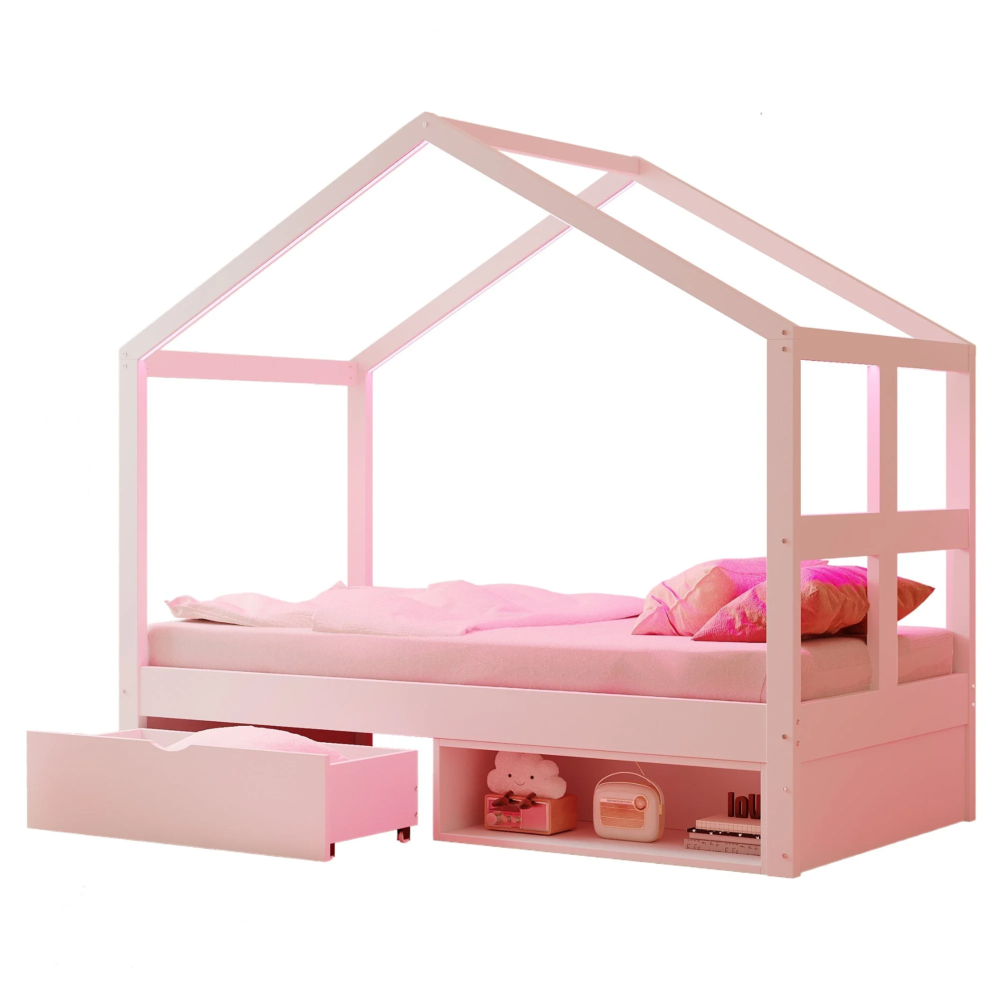 Wooden Bed with Drawers, Shoe Cabinet and LED Lighting, 90x190cm, White Wood - Image 6