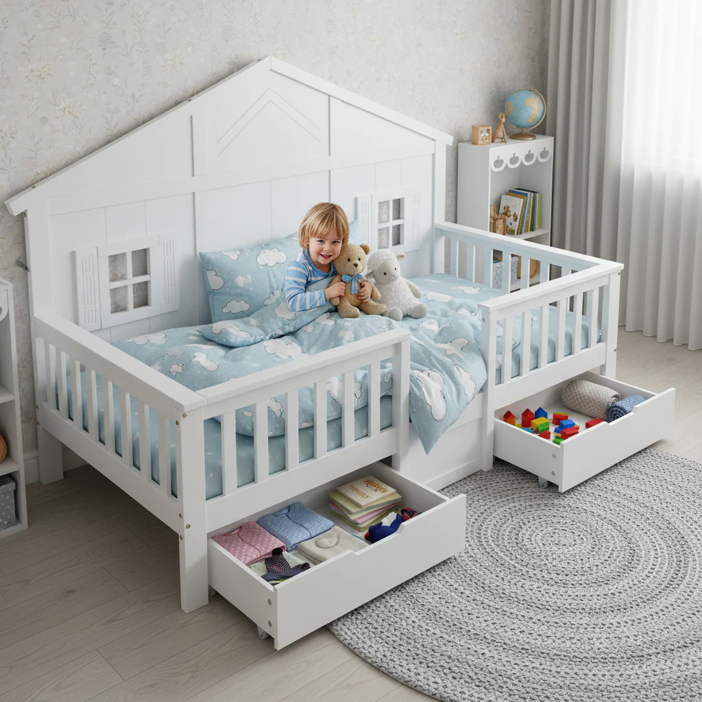 Wooden Bed with Two Drawers, Windows, and Roof, 90x200cm, White Pine + MDF + Plywood