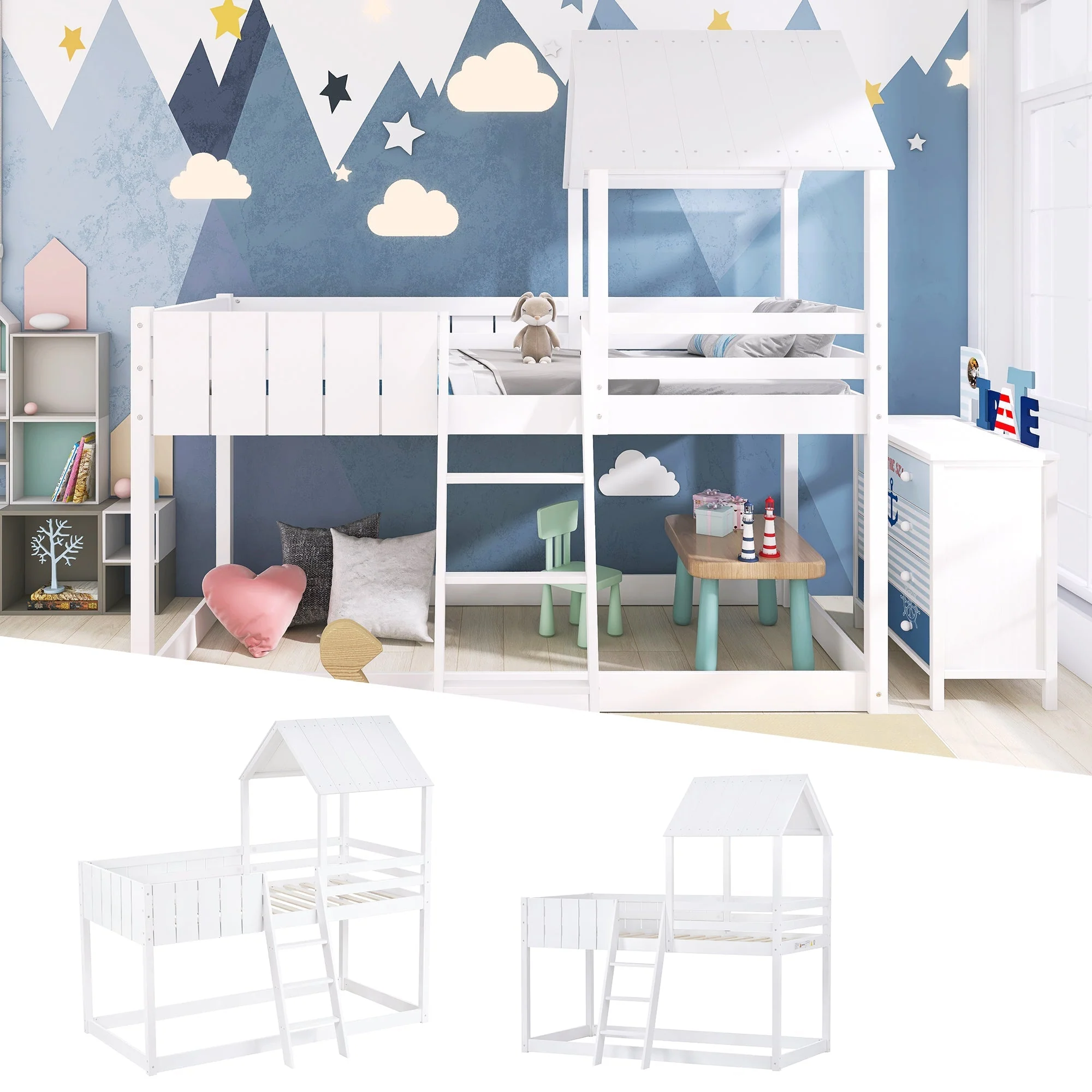 Wooden Bunk Bed with Ladder, Guard Rail & Treehouse Canopy, 3 FT Single, White - Image 2