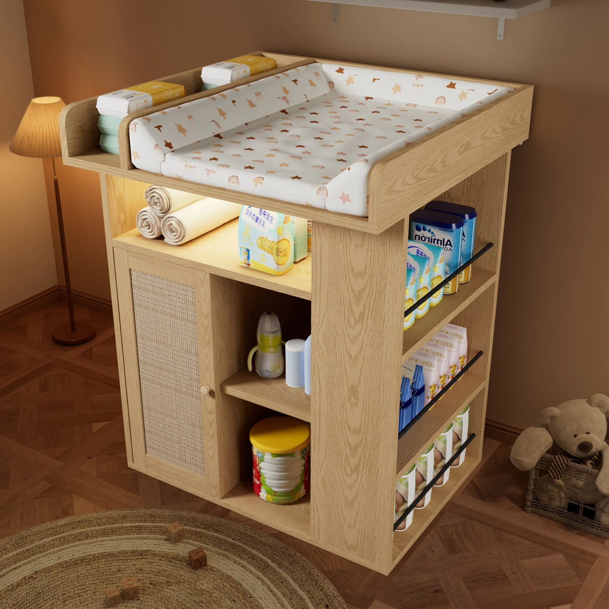 Wooden Changing Table with LED Lighting, Storage and Divider, Natural Wood - Image 2
