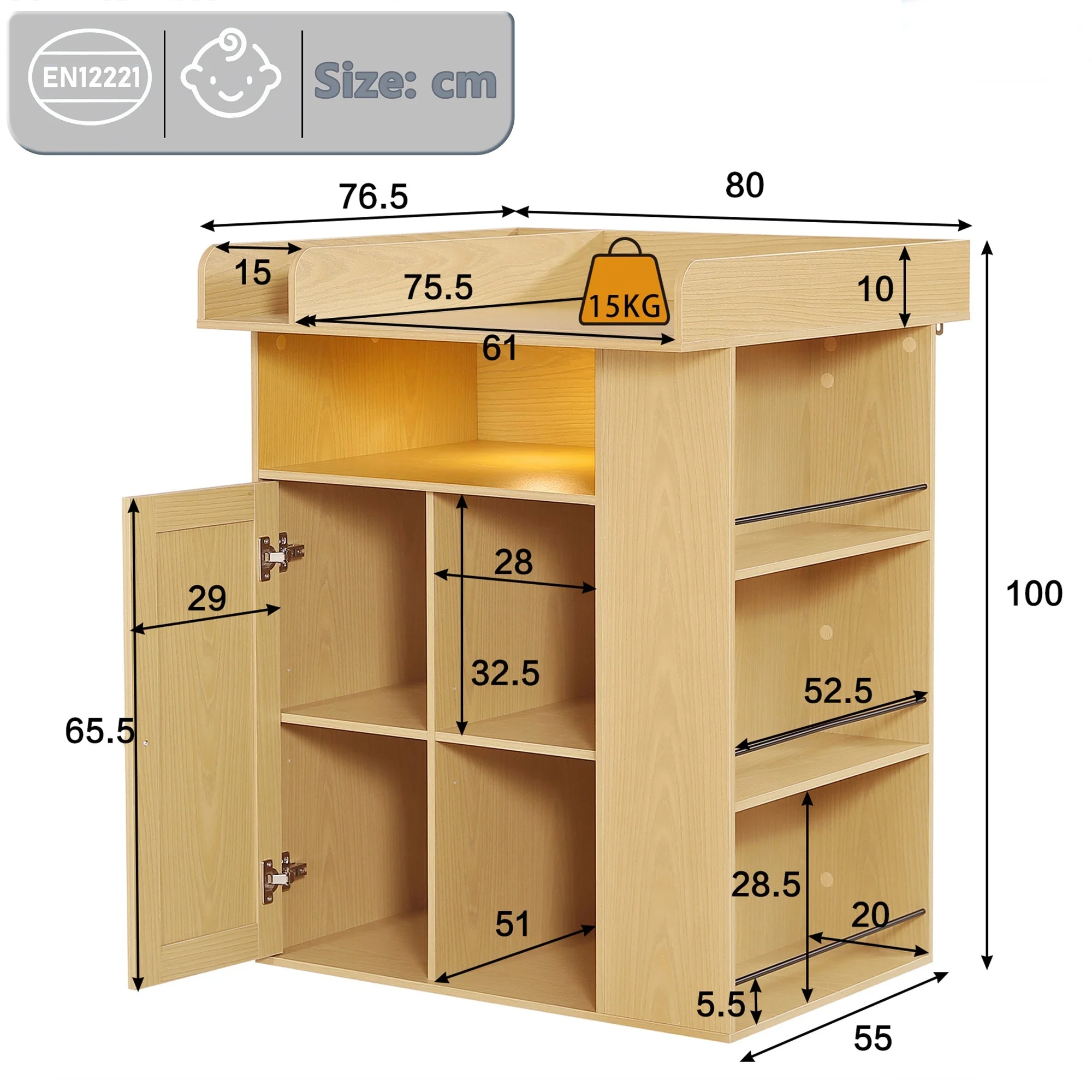 Wooden Changing Table with LED Lighting, Storage and Divider, Natural Wood - Image 5