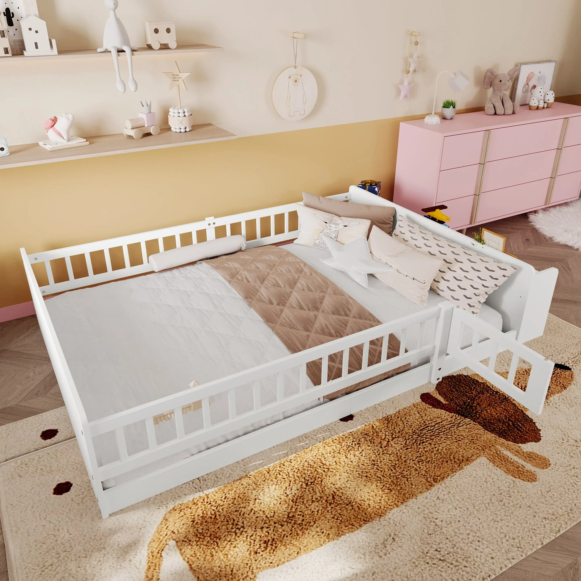 Wooden Children's Bed 140x200cm Open Storage Shelves Pine Wood - White - Image 10