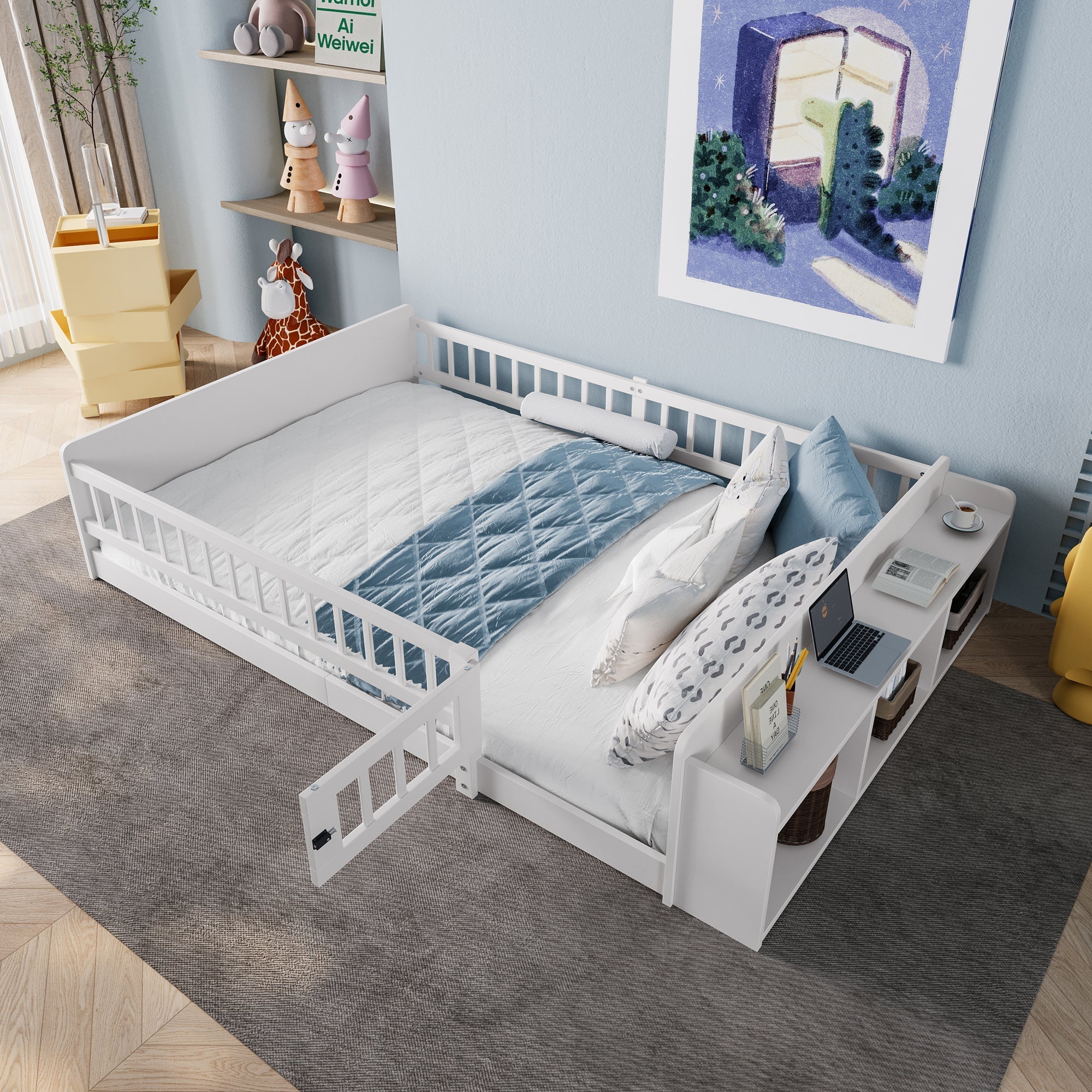 Wooden Children's Bed 140x200cm Open Storage Shelves Pine Wood - White - Image 2