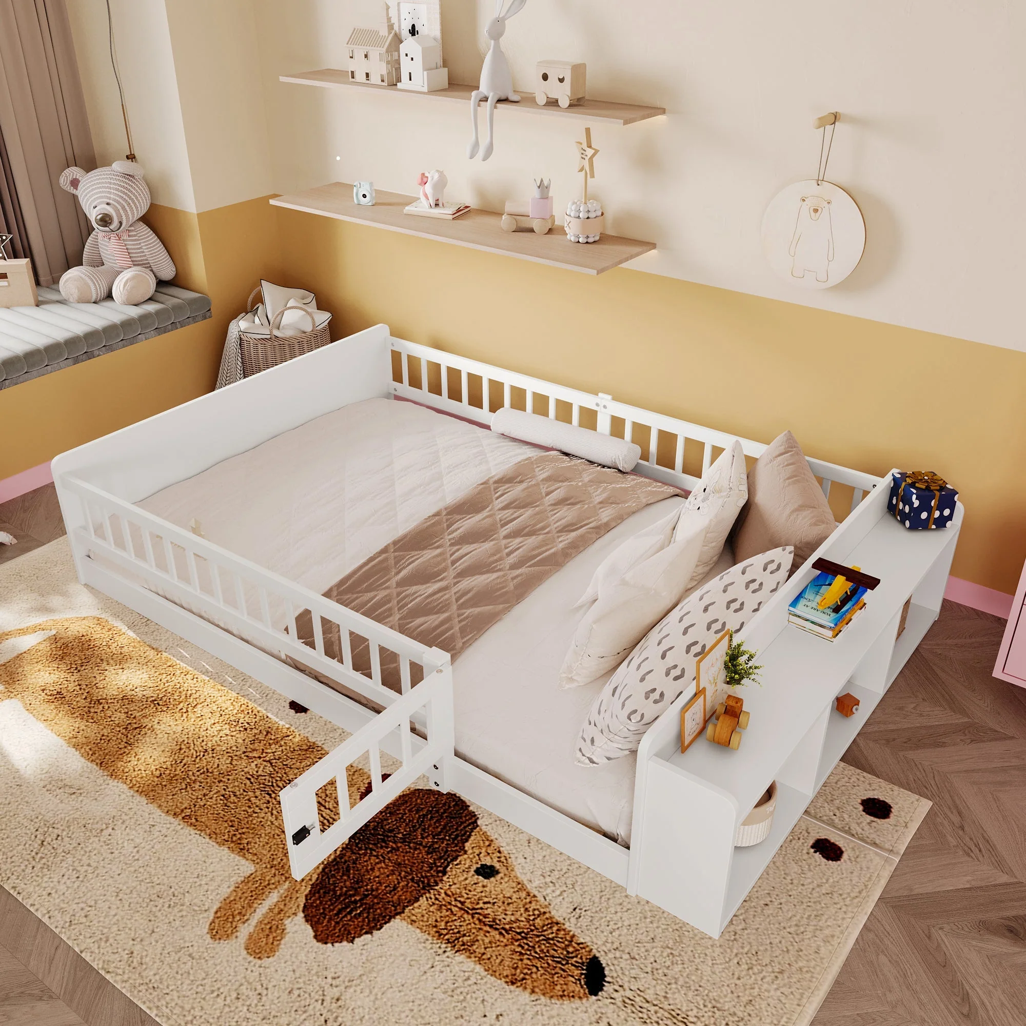Wooden Children's Bed 140x200cm Open Storage Shelves Pine Wood - White - Image 9