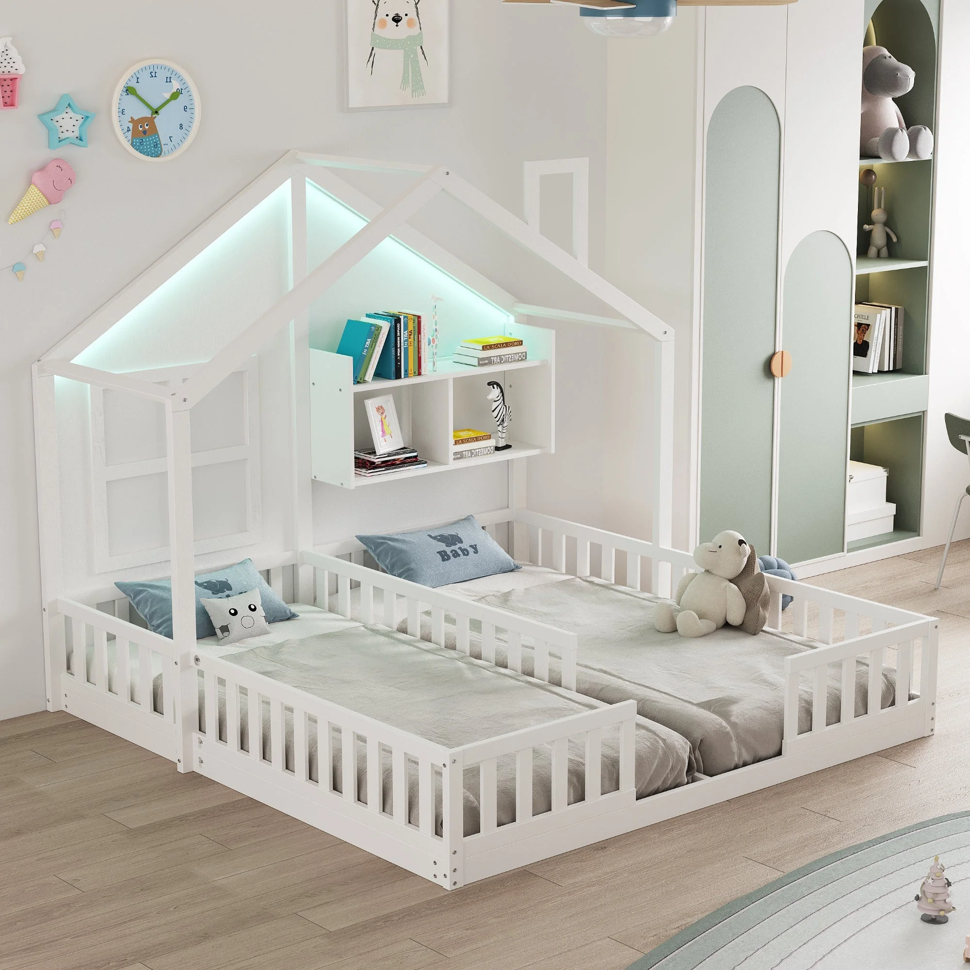 Wooden Children's Bed 90x200cm House Design LED Lighting Storage White