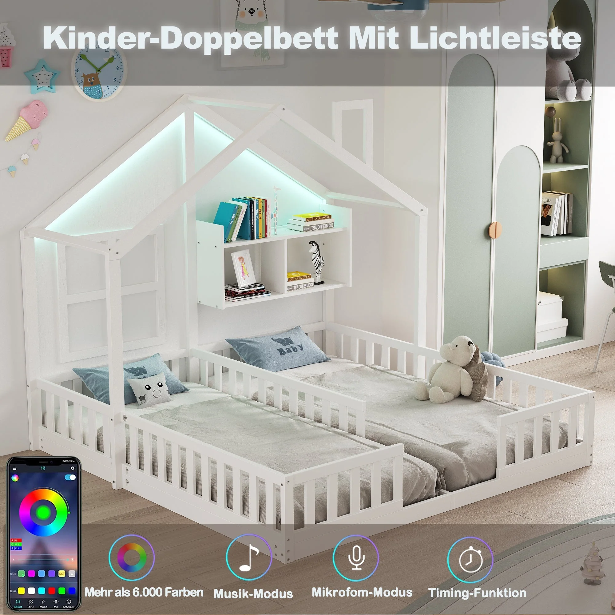 Wooden Children's Bed 90x200cm House Design LED Lighting Storage White - Image 5