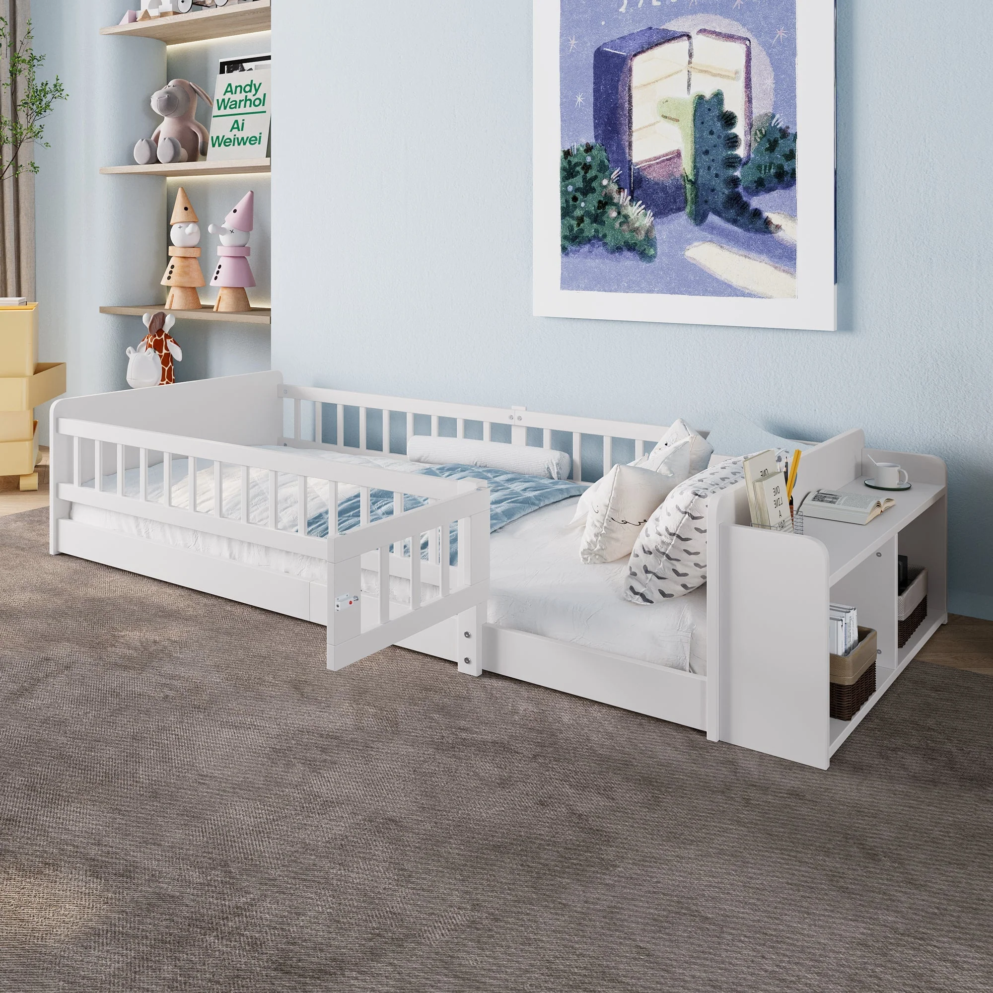 Wooden Children's Bed 90x200cm Open Storage Shelves and Case White Pine Wood