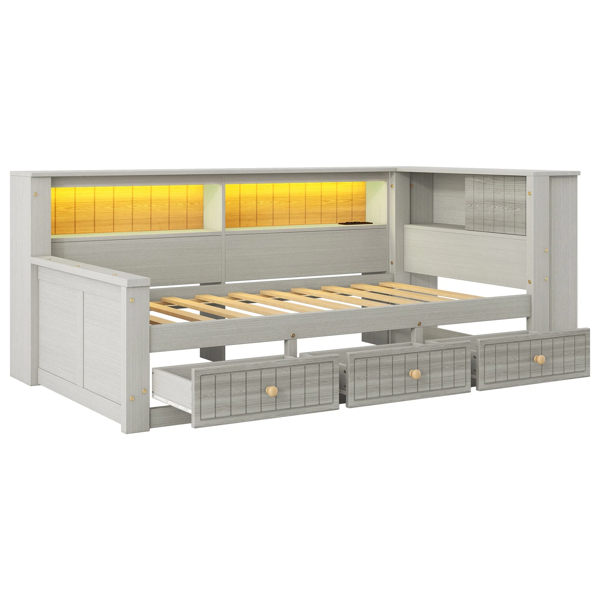 Wooden Daybed with Storage Compartments and 3 Drawers, 90 x 200 cm, Grey - Image 10