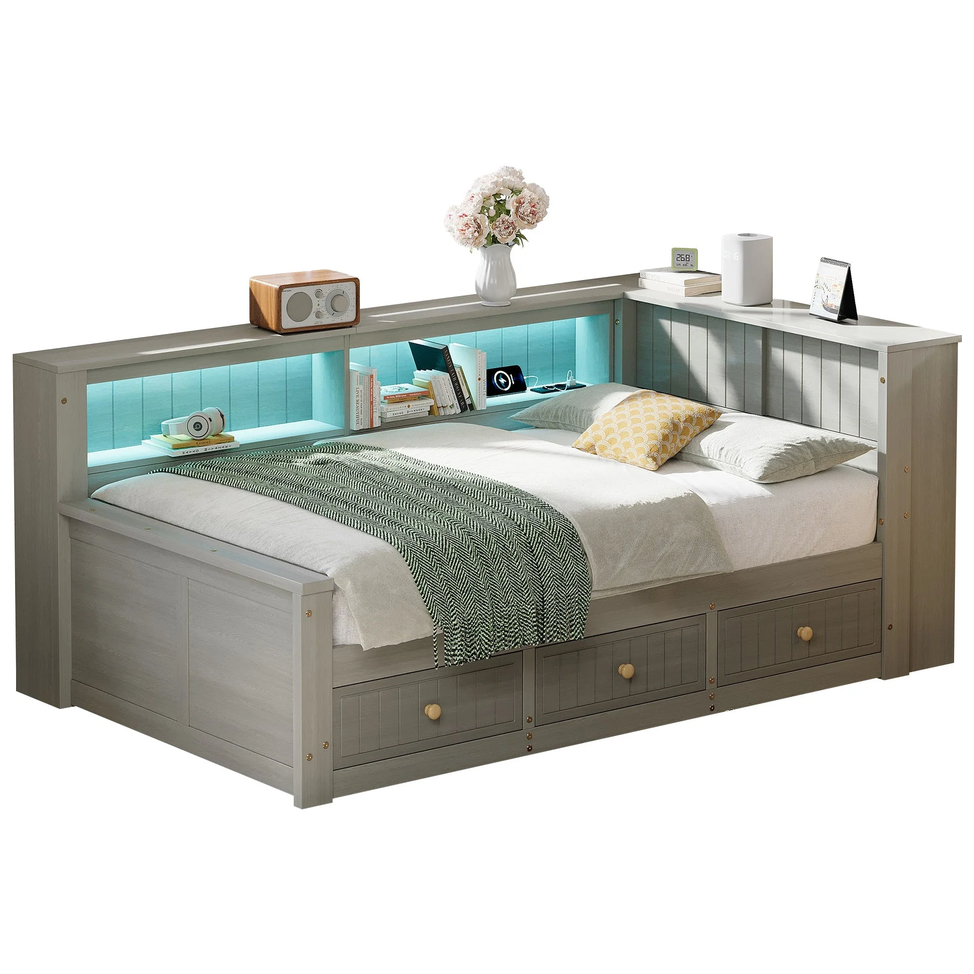 Wooden Daybed with Storage Compartments and 3 Drawers, 90 x 200 cm, Grey - Image 5